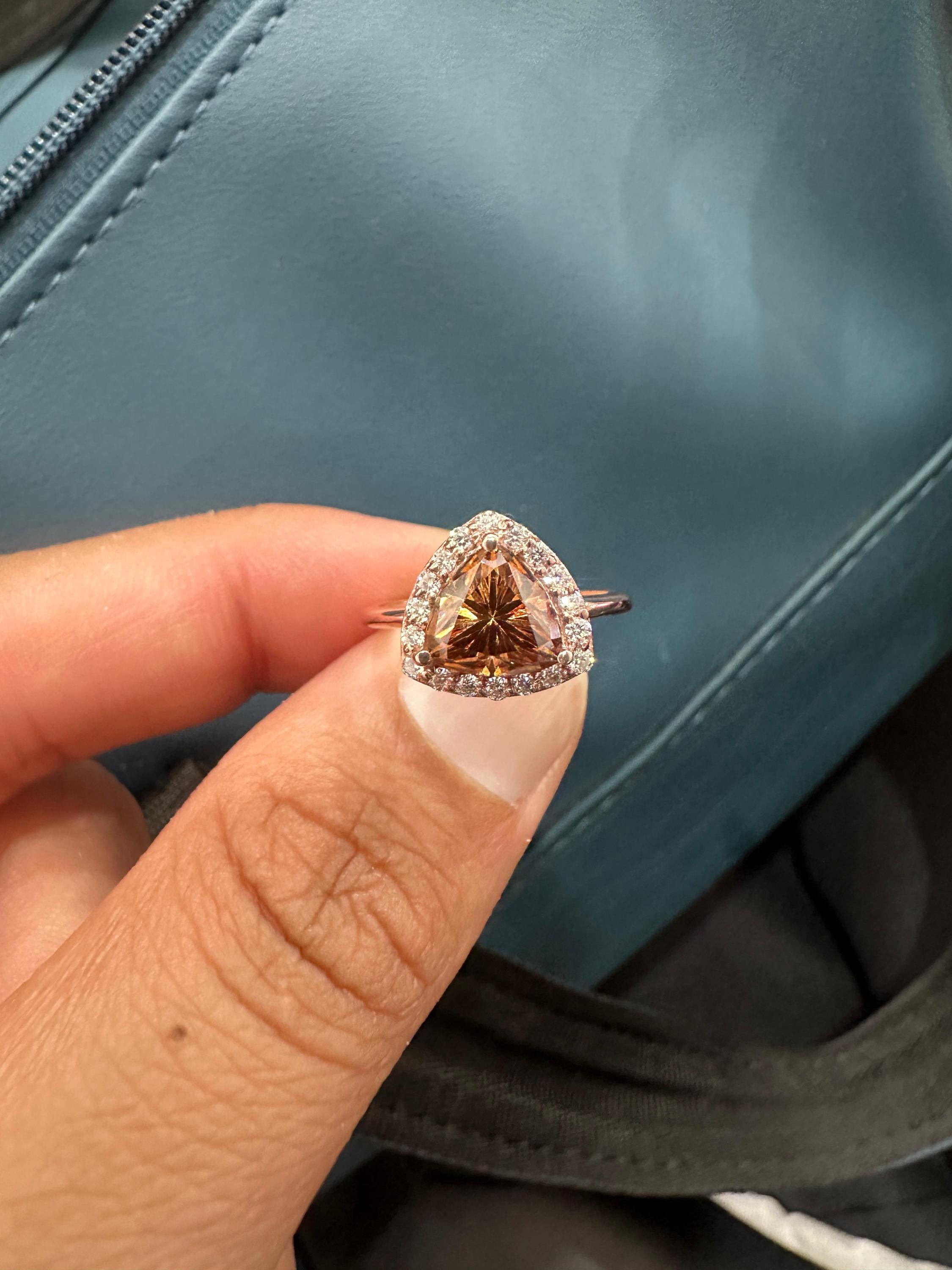 Champagne Trillion Shape Moissanite Halo Engagement Ring | 14k Rose Gold Finish