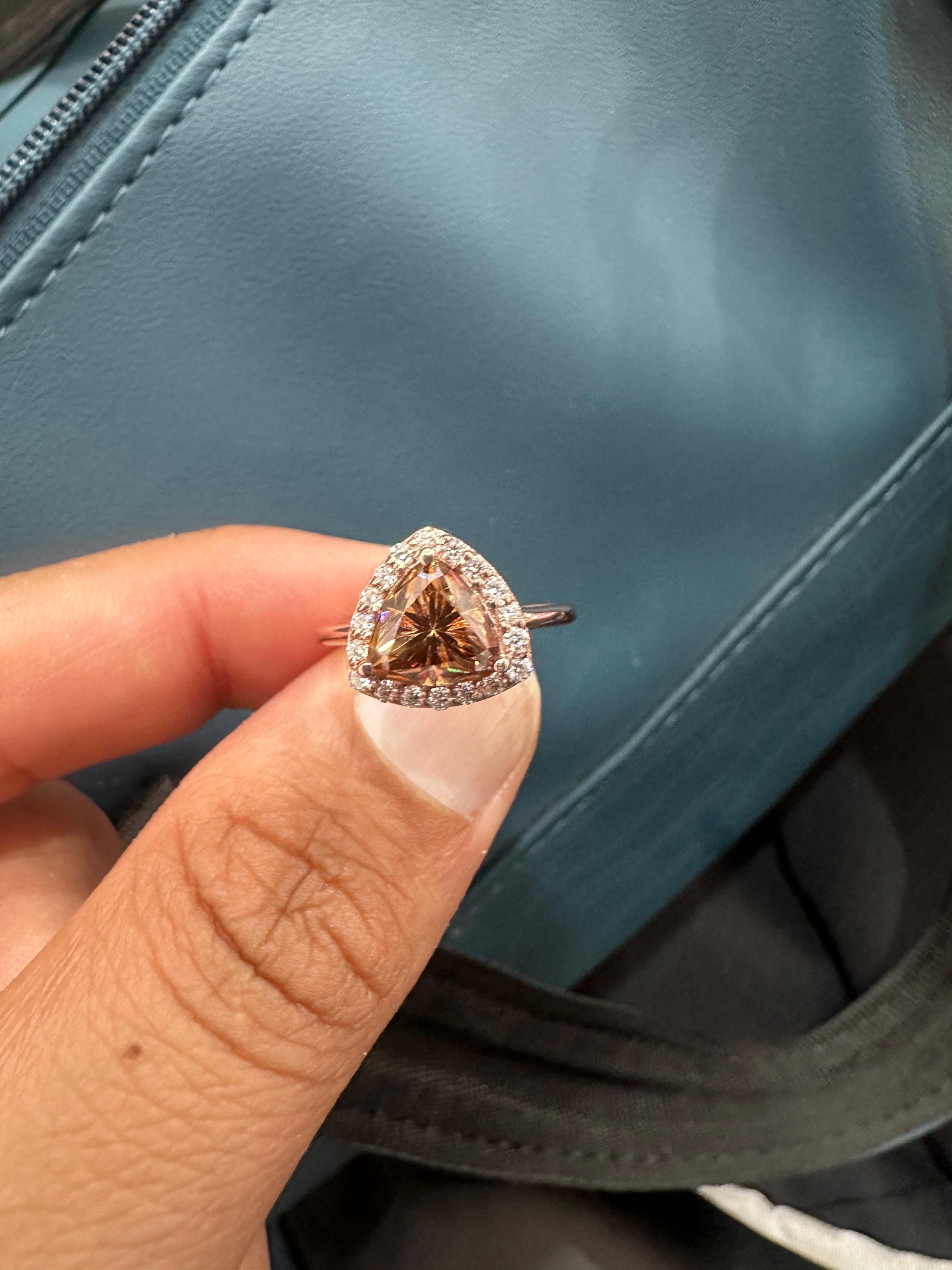 Champagne Trillion Shape Moissanite Halo Engagement Ring | 14k Rose Gold Finish
