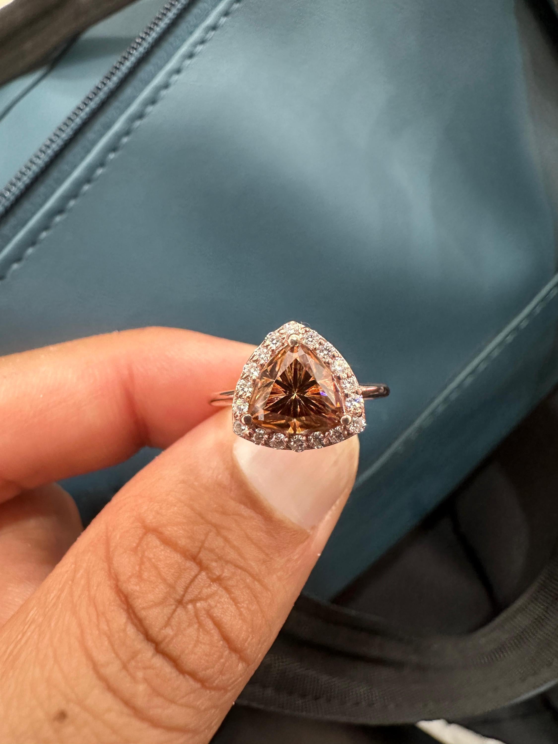 Champagne Trillion Shape Moissanite Halo Engagement Ring | 14k Rose Gold Finish