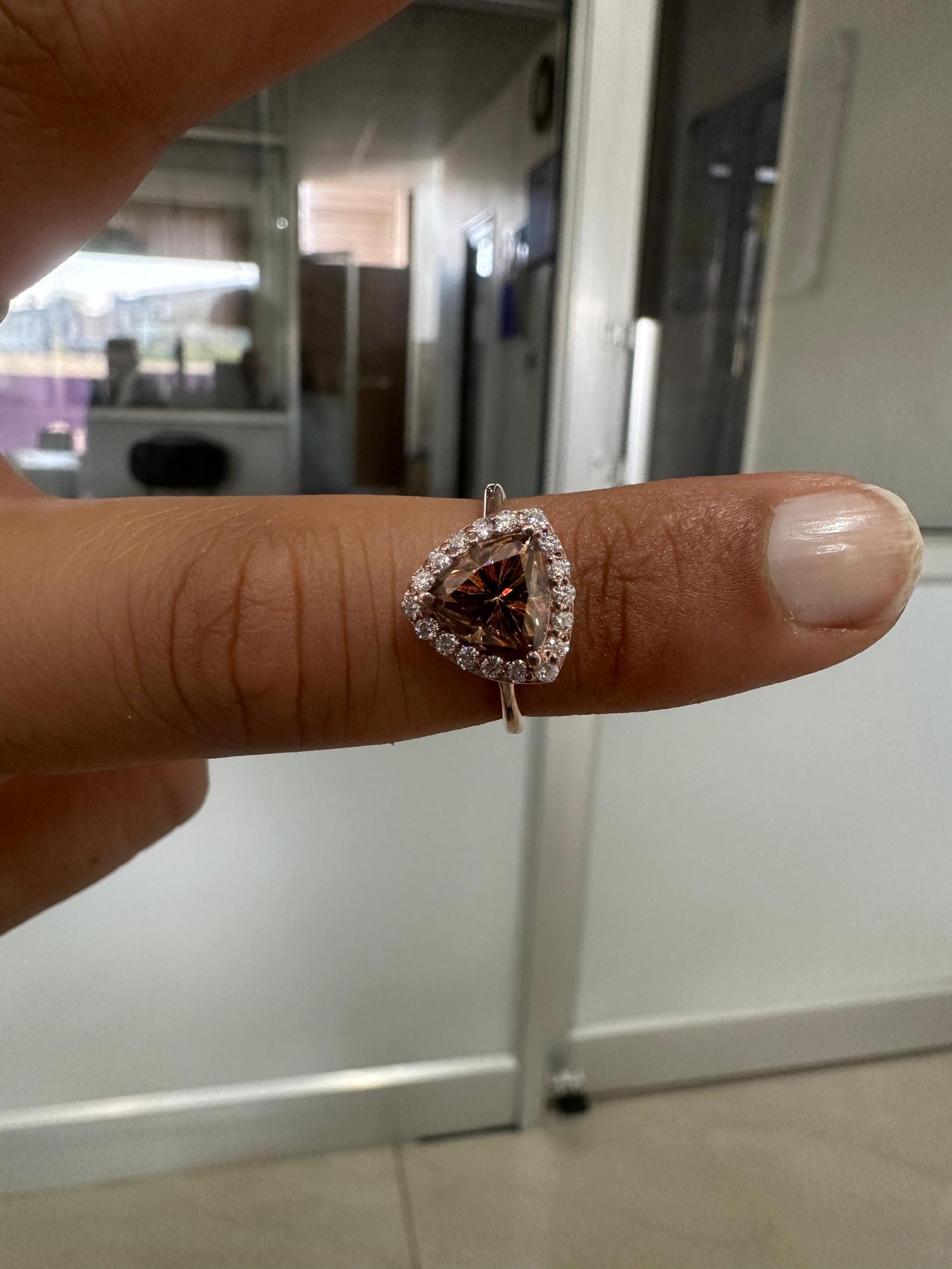 Champagne Trillion Shape Moissanite Halo Engagement Ring | 14k Rose Gold Finish