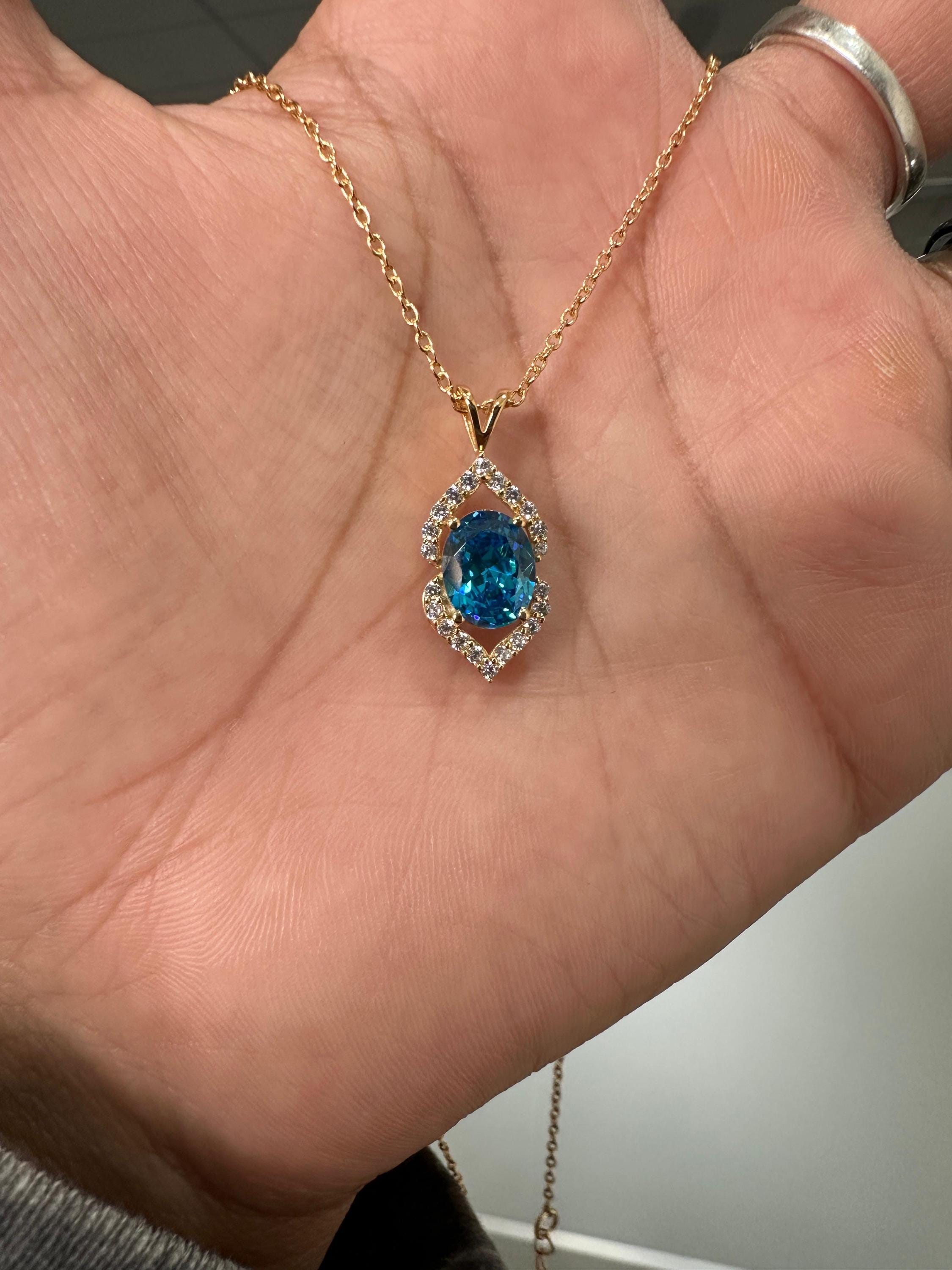 Blue Diamond Halo Pendant | 2CT Gold Finish 925 Sterling Silver