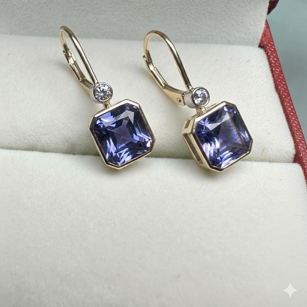 14K Gold Tanzanite Diamond Lever Back Earrings, Rare Blue Gemstone Earrings