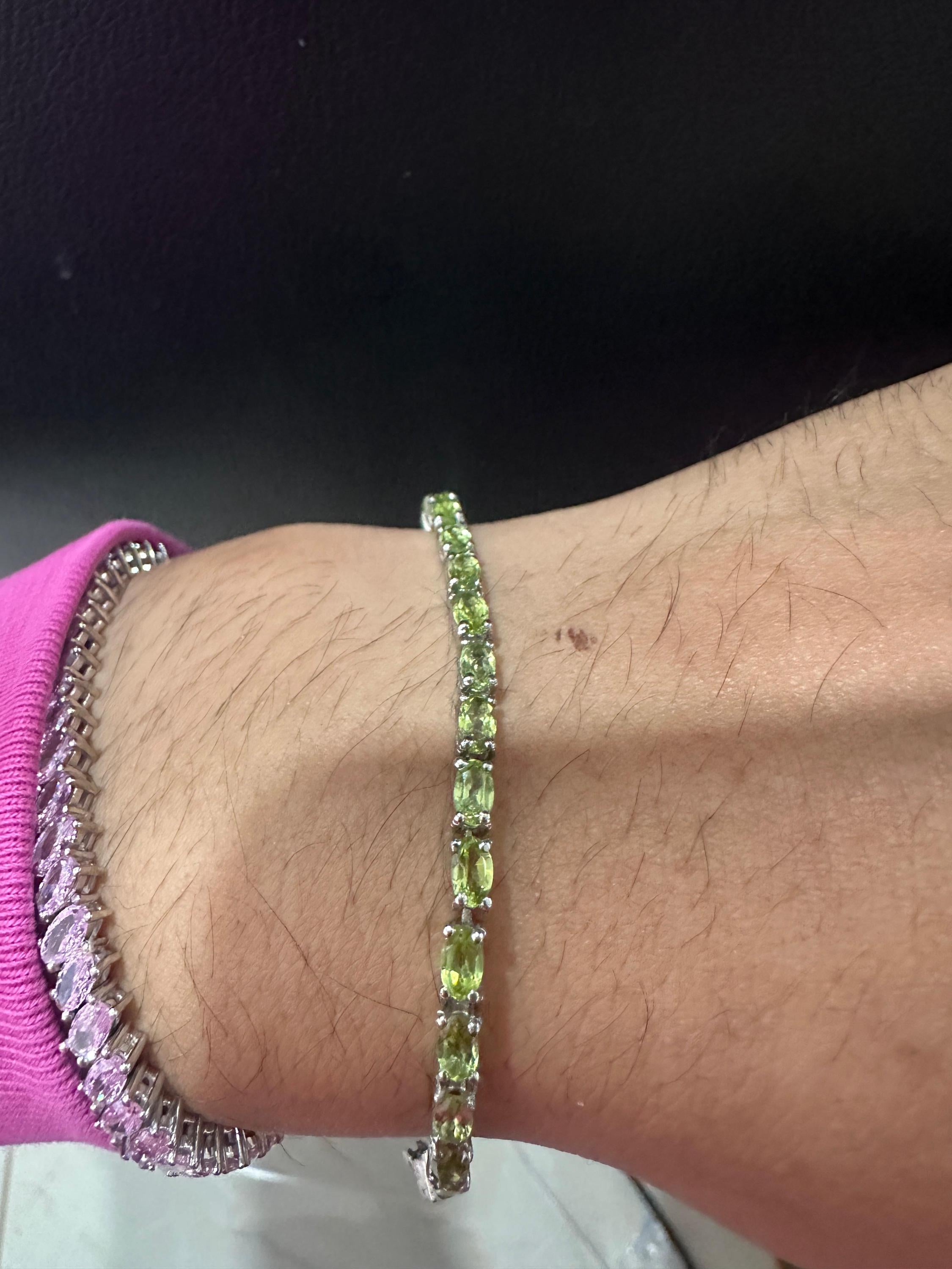 Natural Peridot 14k White Gold Tennis Bracelet, August Birthstone Jewelry, Anniversary Gift