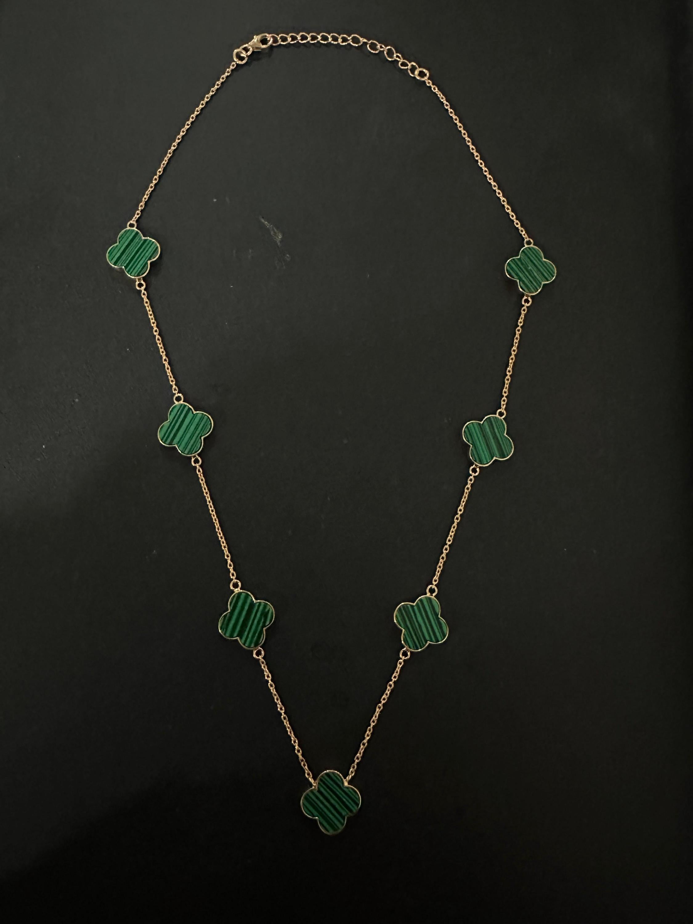 Malachite Clover Necklace 14K Gold Vermeil - Sterling Silver, Minimalist Charm
