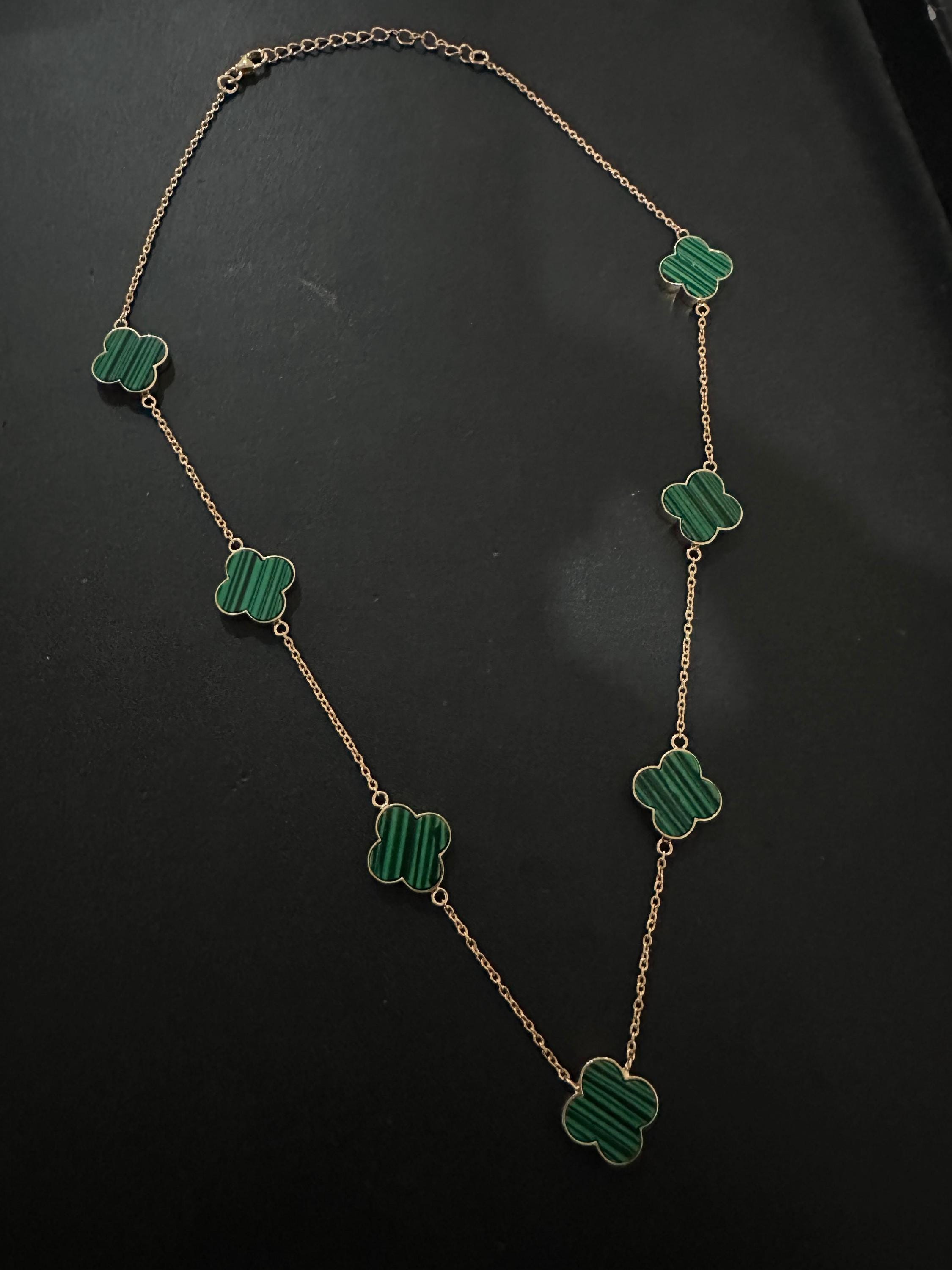 Malachite Clover Necklace 14K Gold Vermeil - Sterling Silver, Minimalist Charm