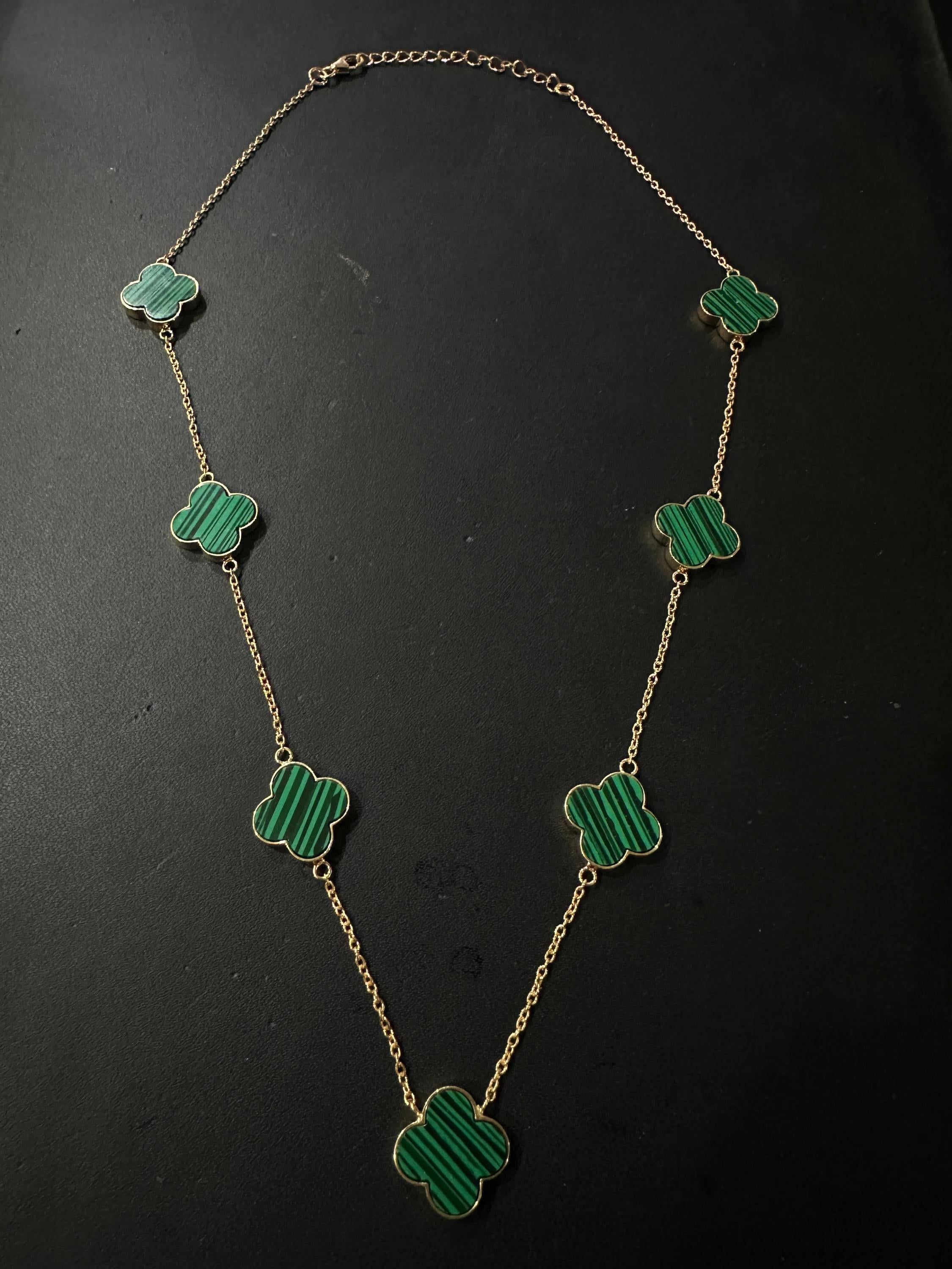 Malachite Clover Necklace 14K Gold Vermeil - Sterling Silver, Minimalist Charm
