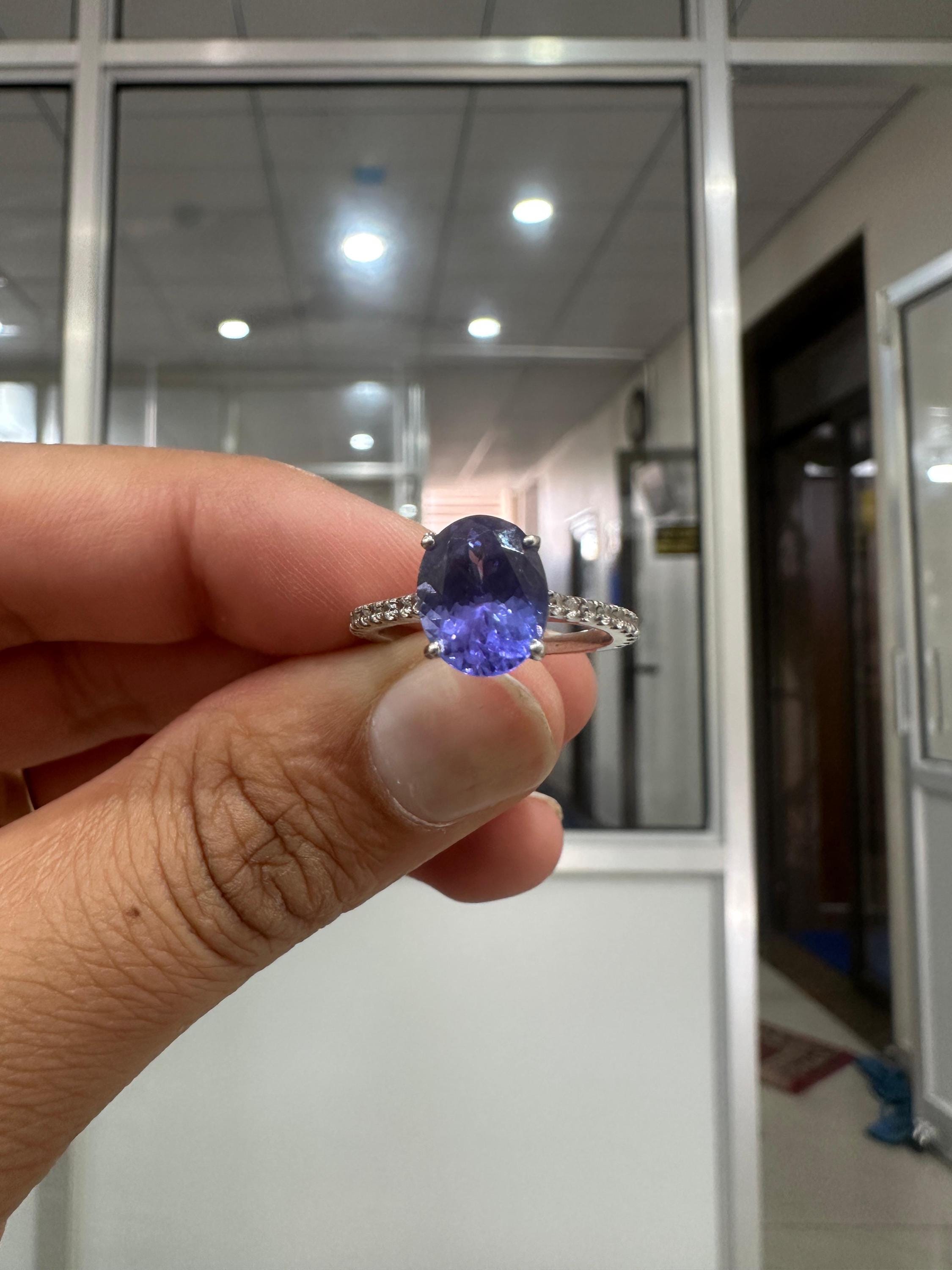 2.5 CT Oval Tanzanite Engagement Ring, 14K Gold Lab Diamond Pavé Band