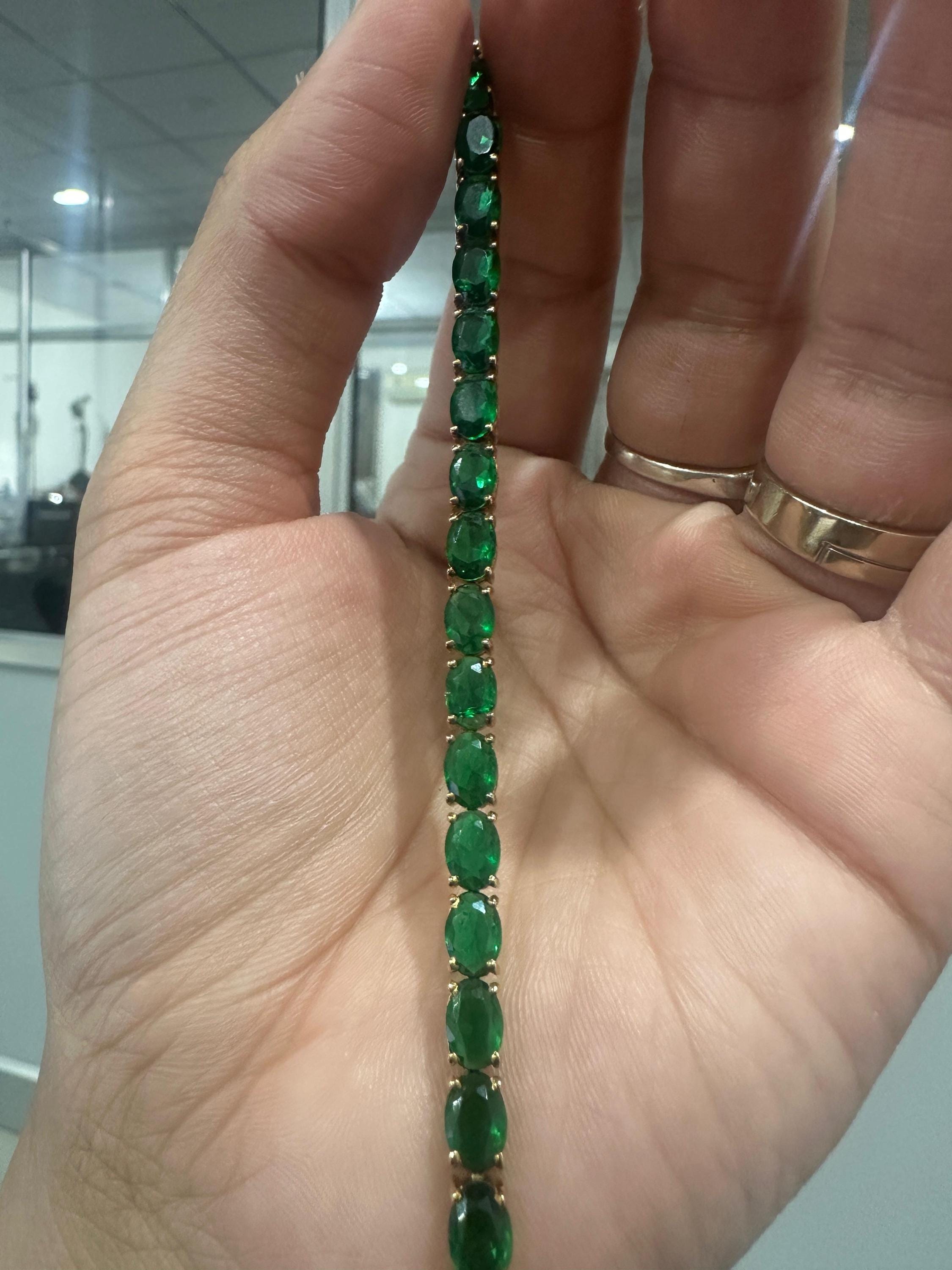 Zambian Emerald Oval Cut Tennis Bracelet | 14K Yellow Gold Finish, 22 CT