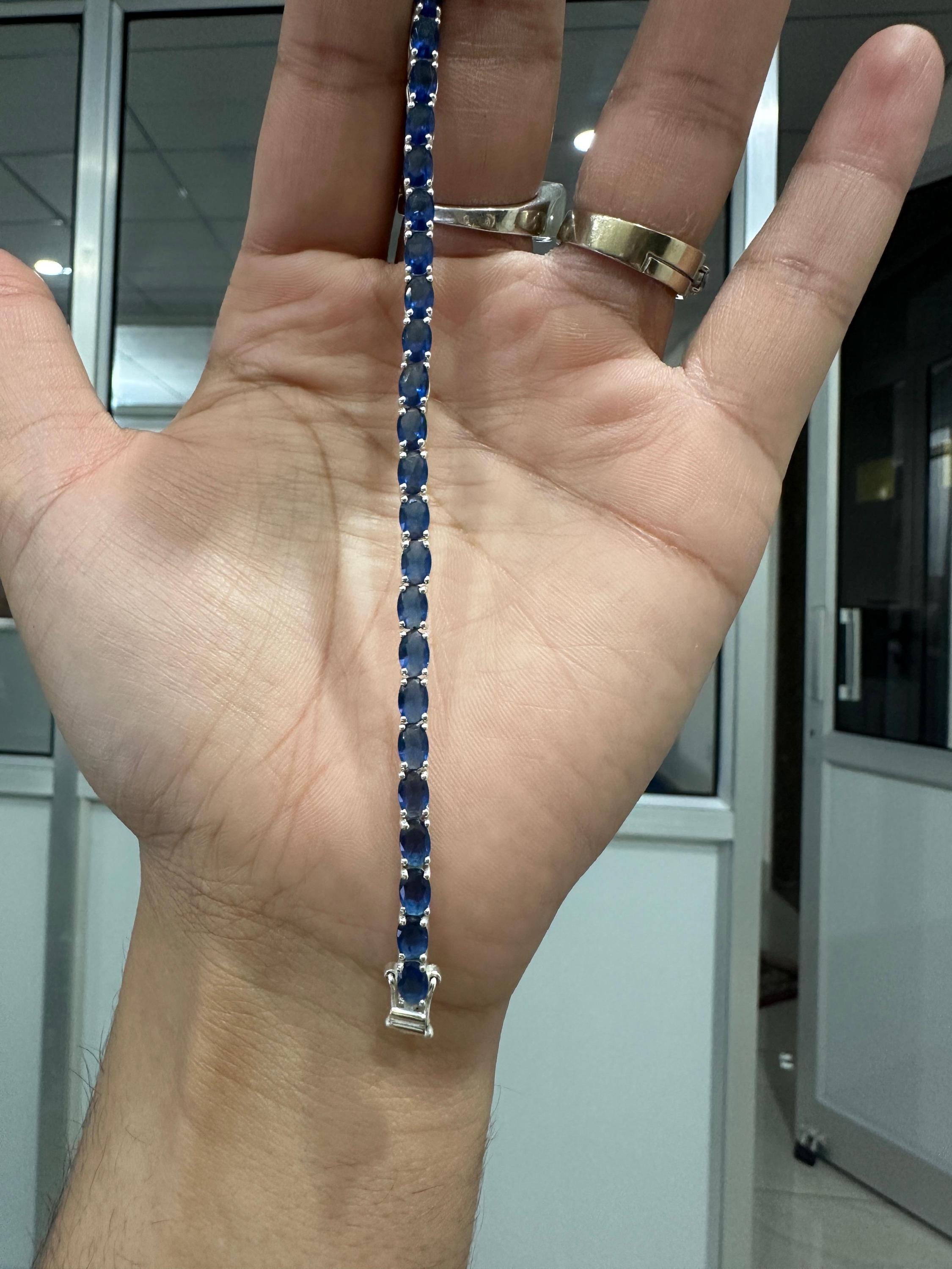 Blue Sapphire Tennis Bracelet | Oval Cut, 925 Sterling Silver Men's Bracelet, 20 CT