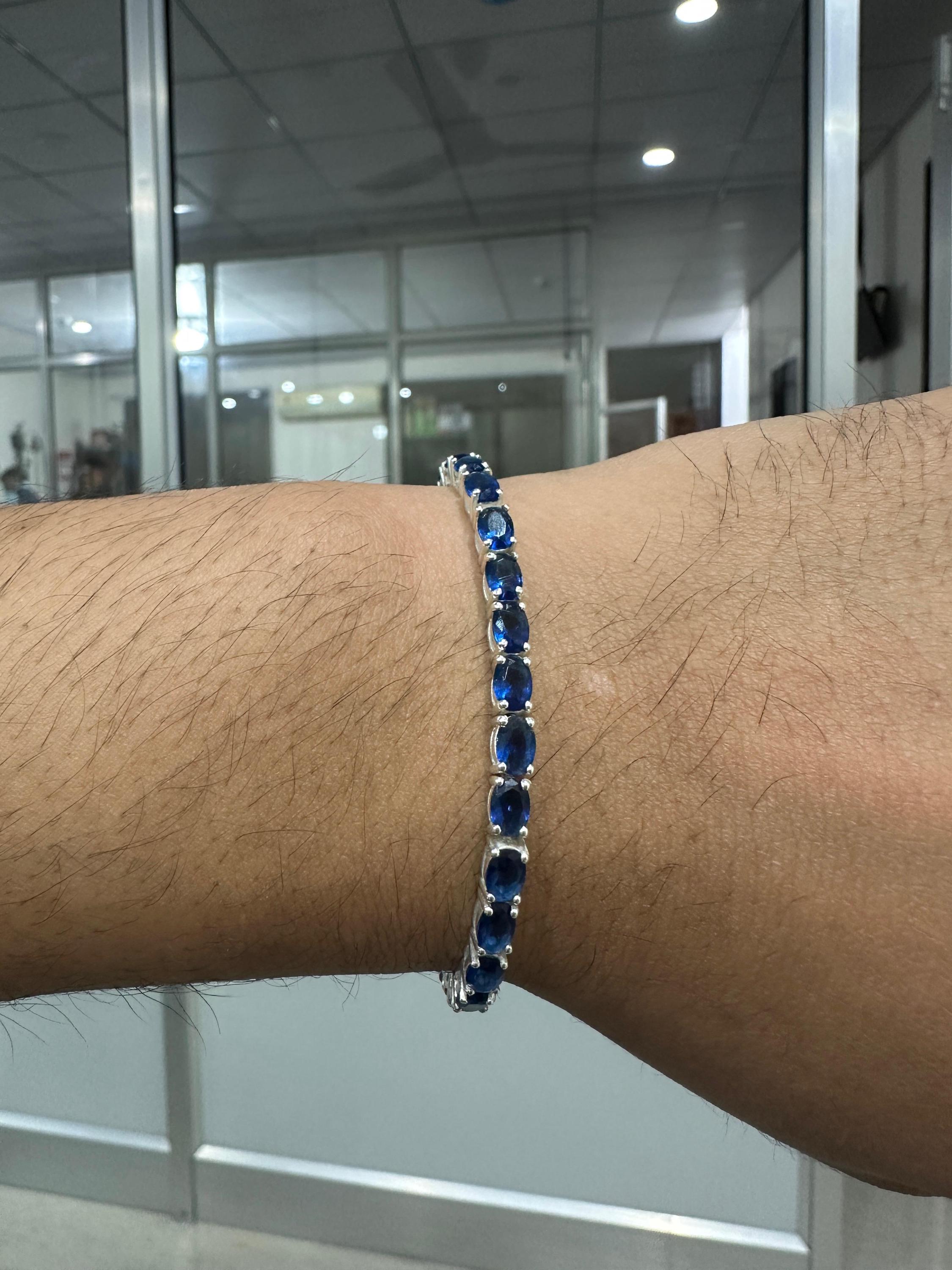 Blue Sapphire Tennis Bracelet | Oval Cut, 925 Sterling Silver Men's Bracelet, 20 CT