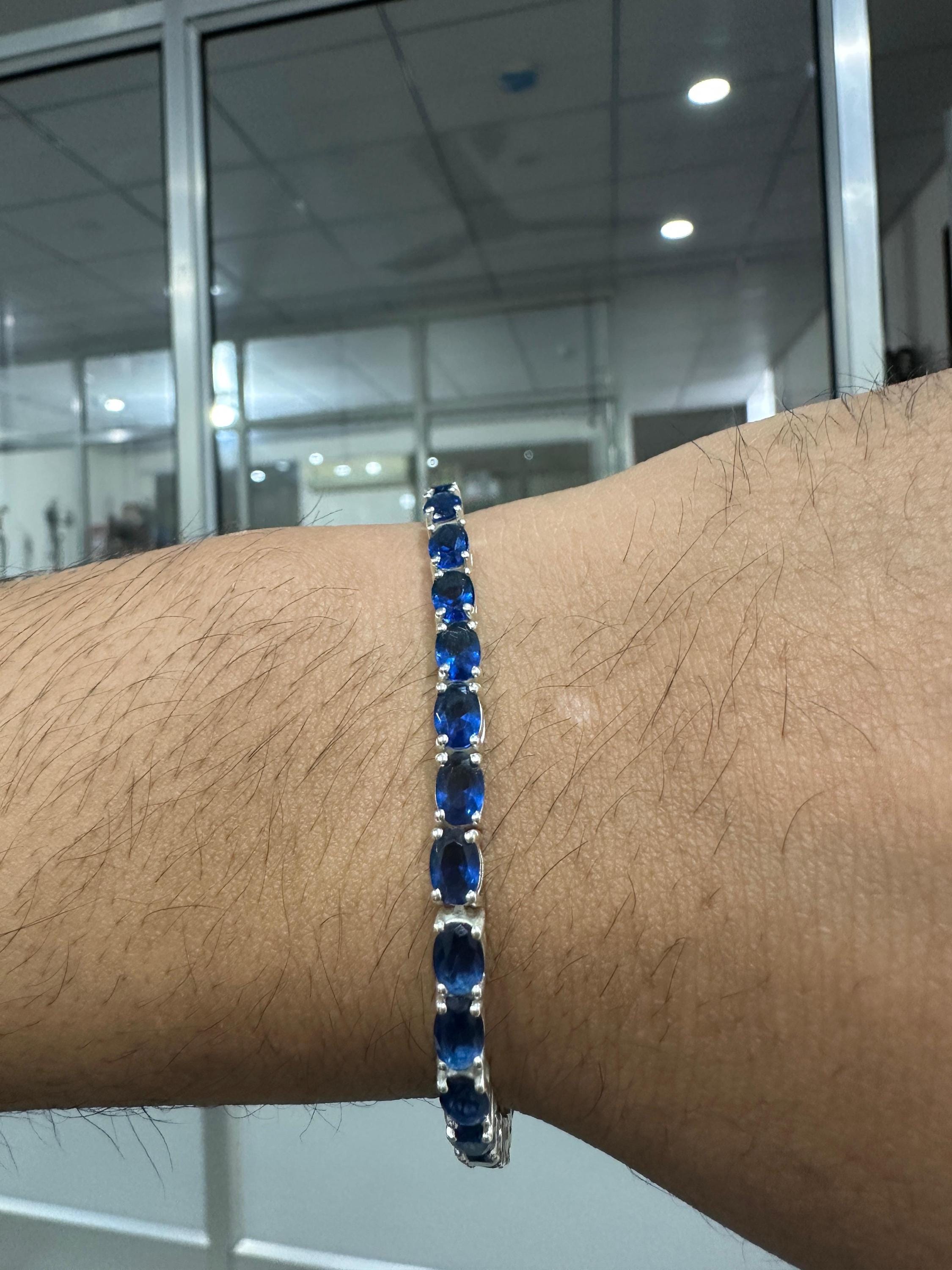 Blue Sapphire Tennis Bracelet | Oval Cut, 925 Sterling Silver Men's Bracelet, 20 CT