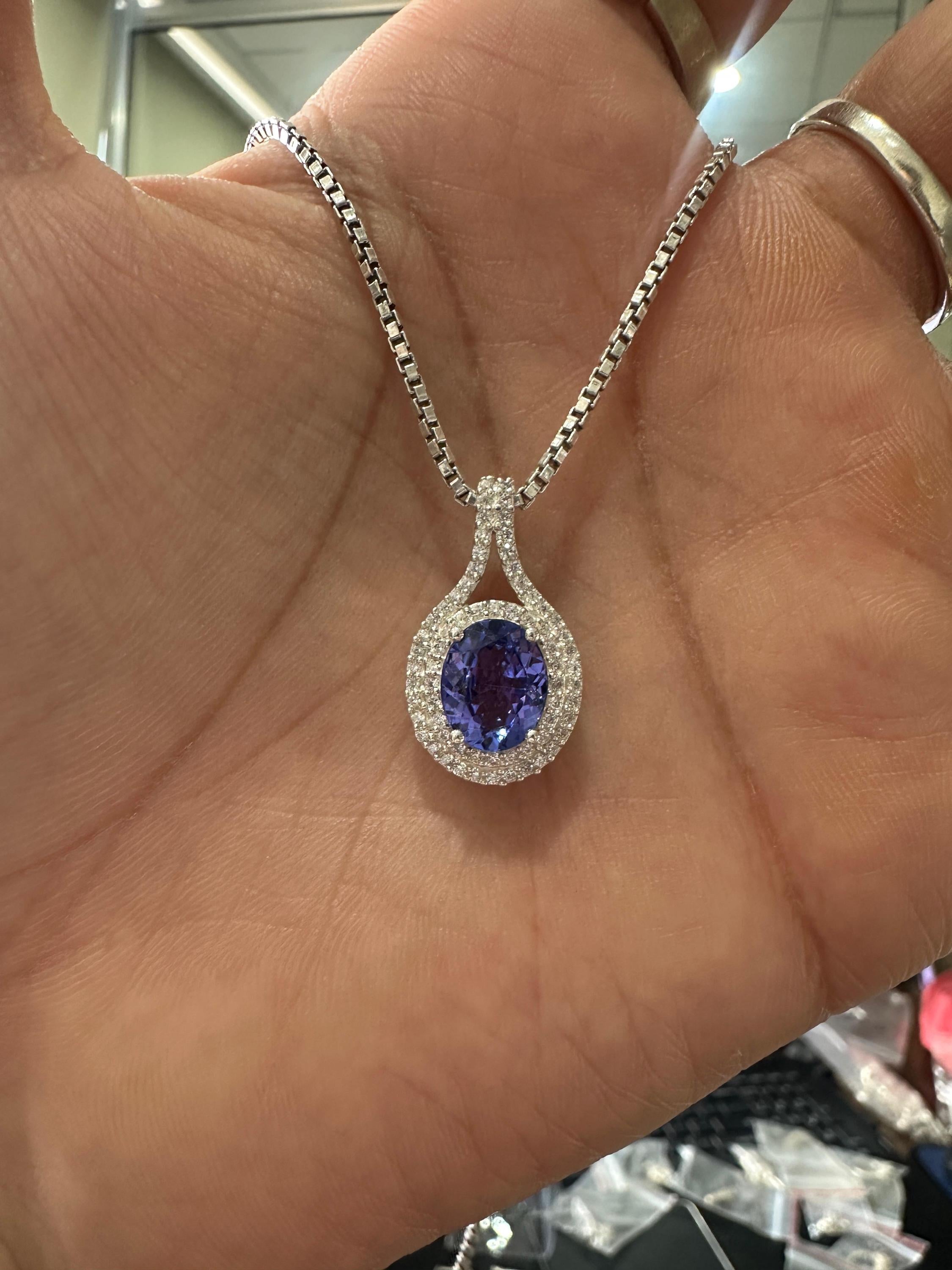 Rare Blue Tanzanite Diamond Halo Pendant Necklace | 14k White Gold, 3 CT Oval Tanzanite