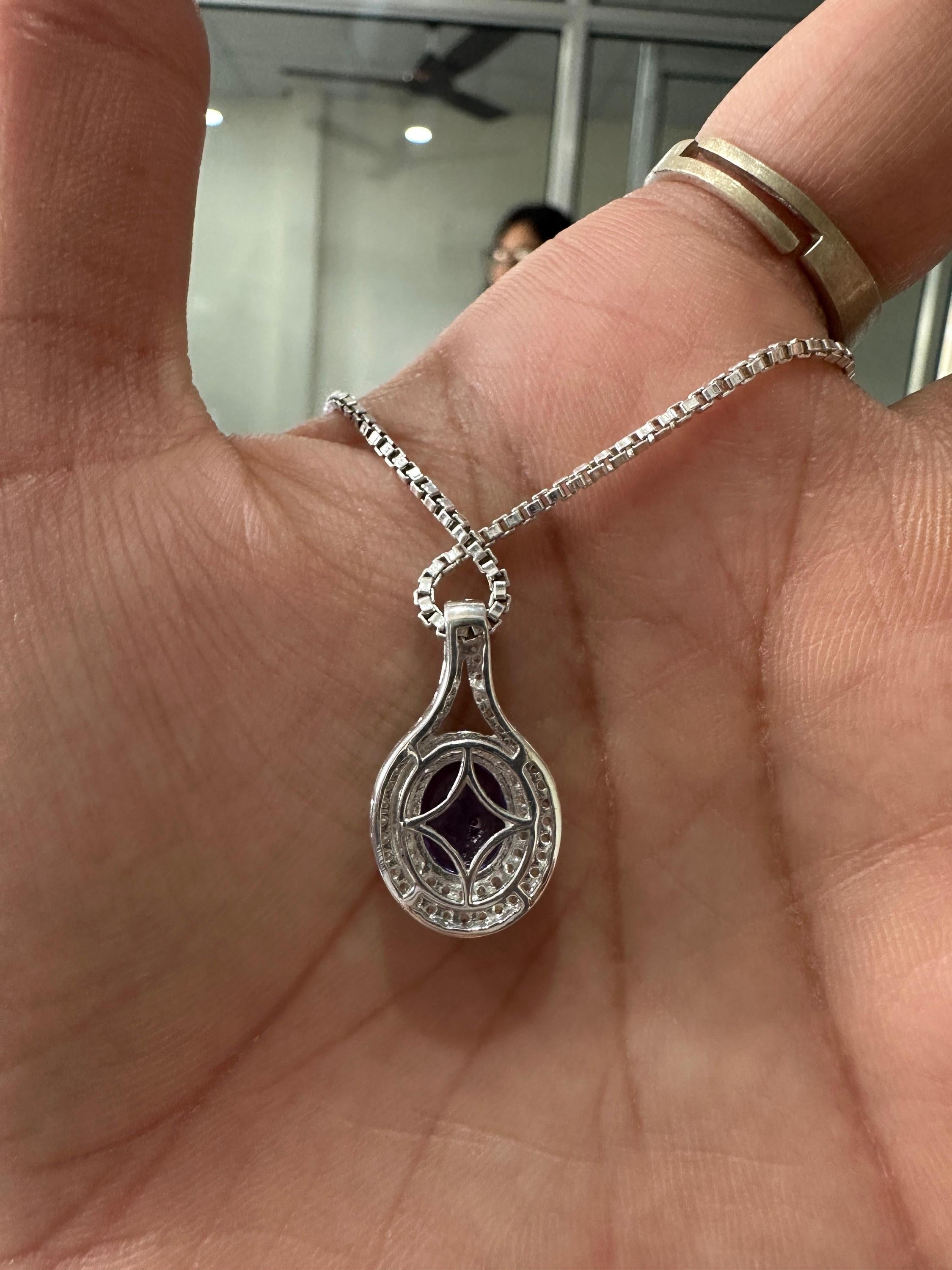 Rare Blue Tanzanite Diamond Halo Pendant Necklace | 14k White Gold, 3 CT Oval Tanzanite