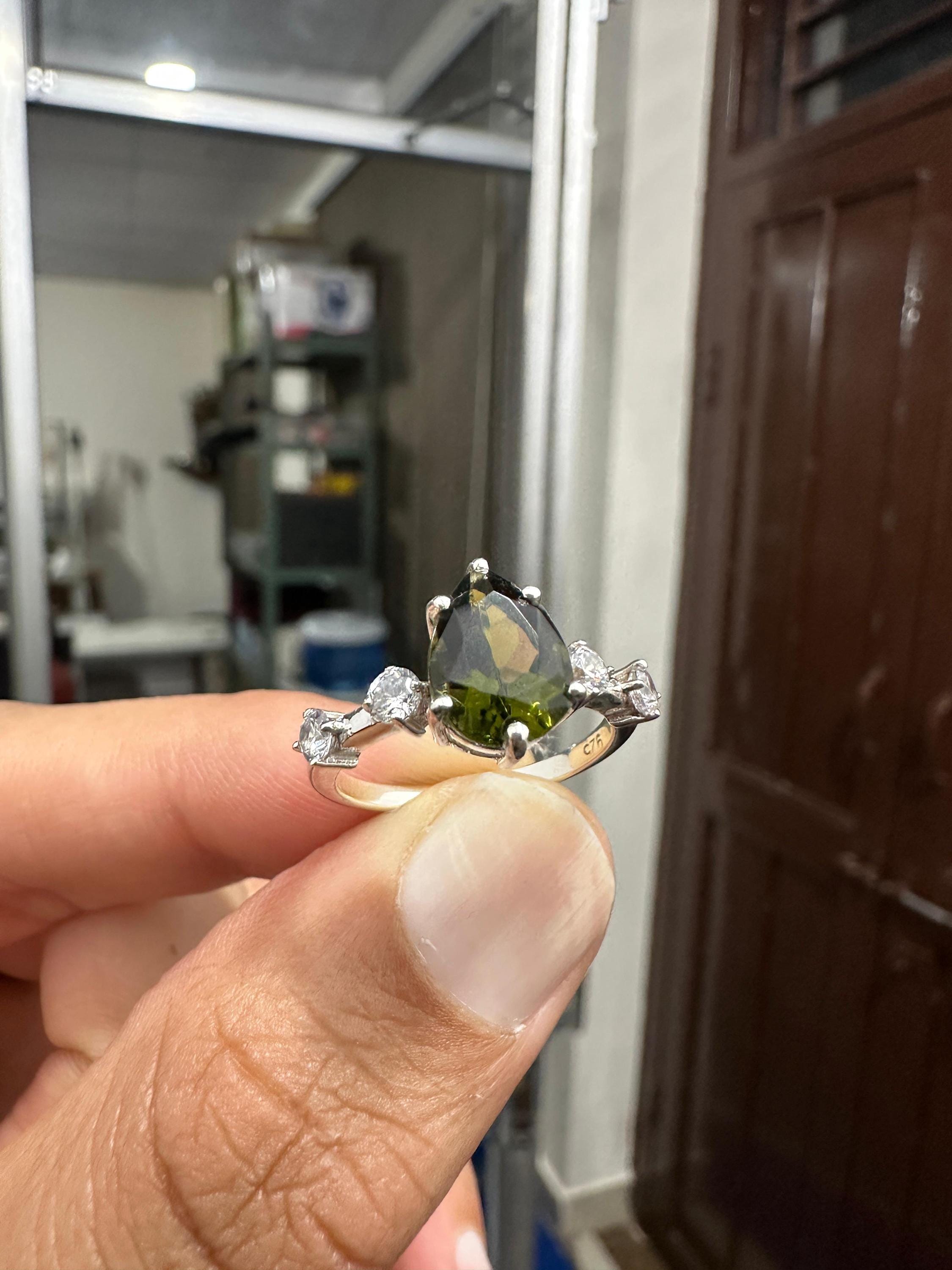 3CT Natural Moldavite Pear Engagement Ring | Diamond | 14K White Gold