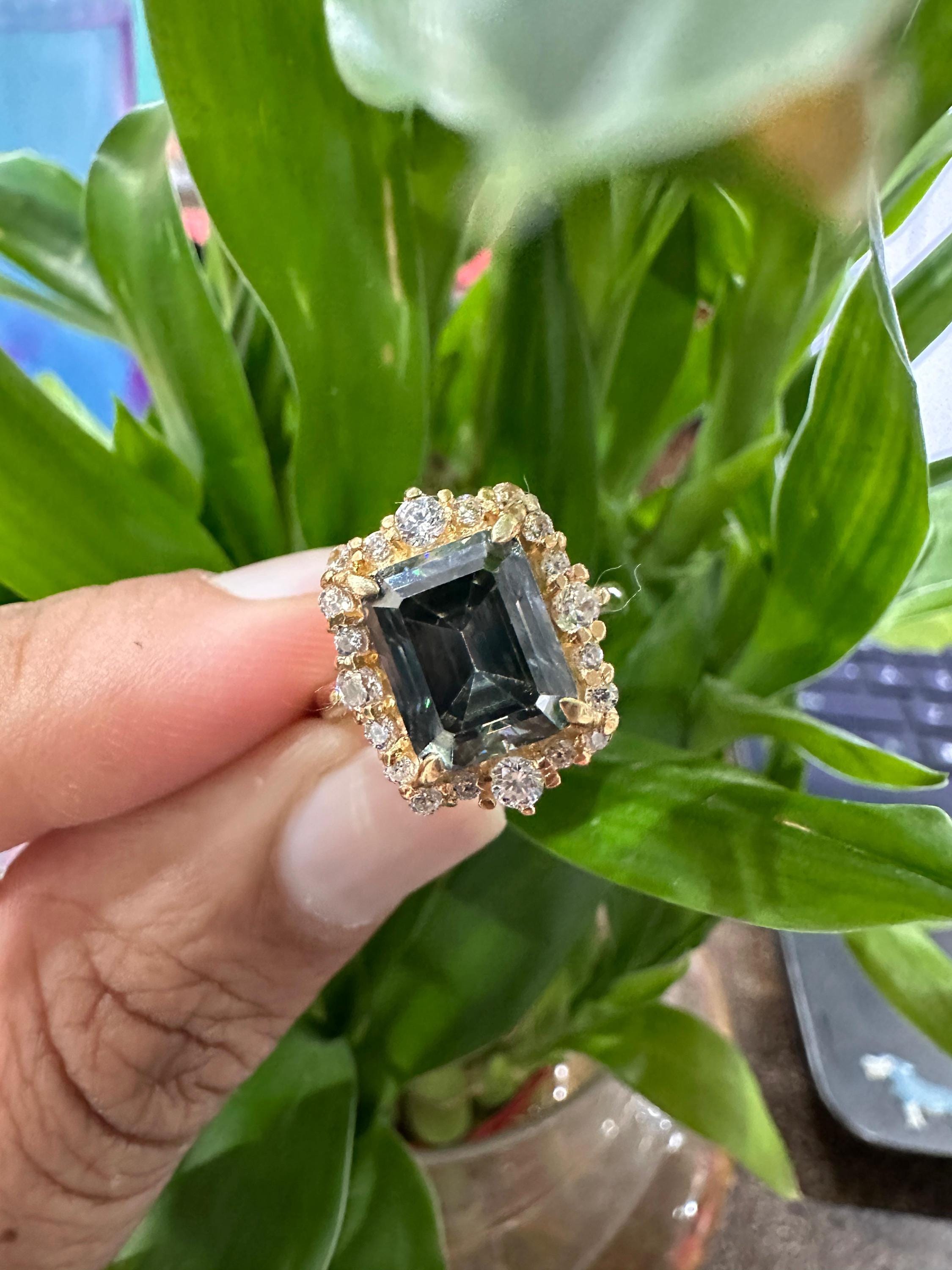Color Changing Alexandrite Moissanite Engagement Ring | 4 Ct Emerald Cut Halo Gold Finish