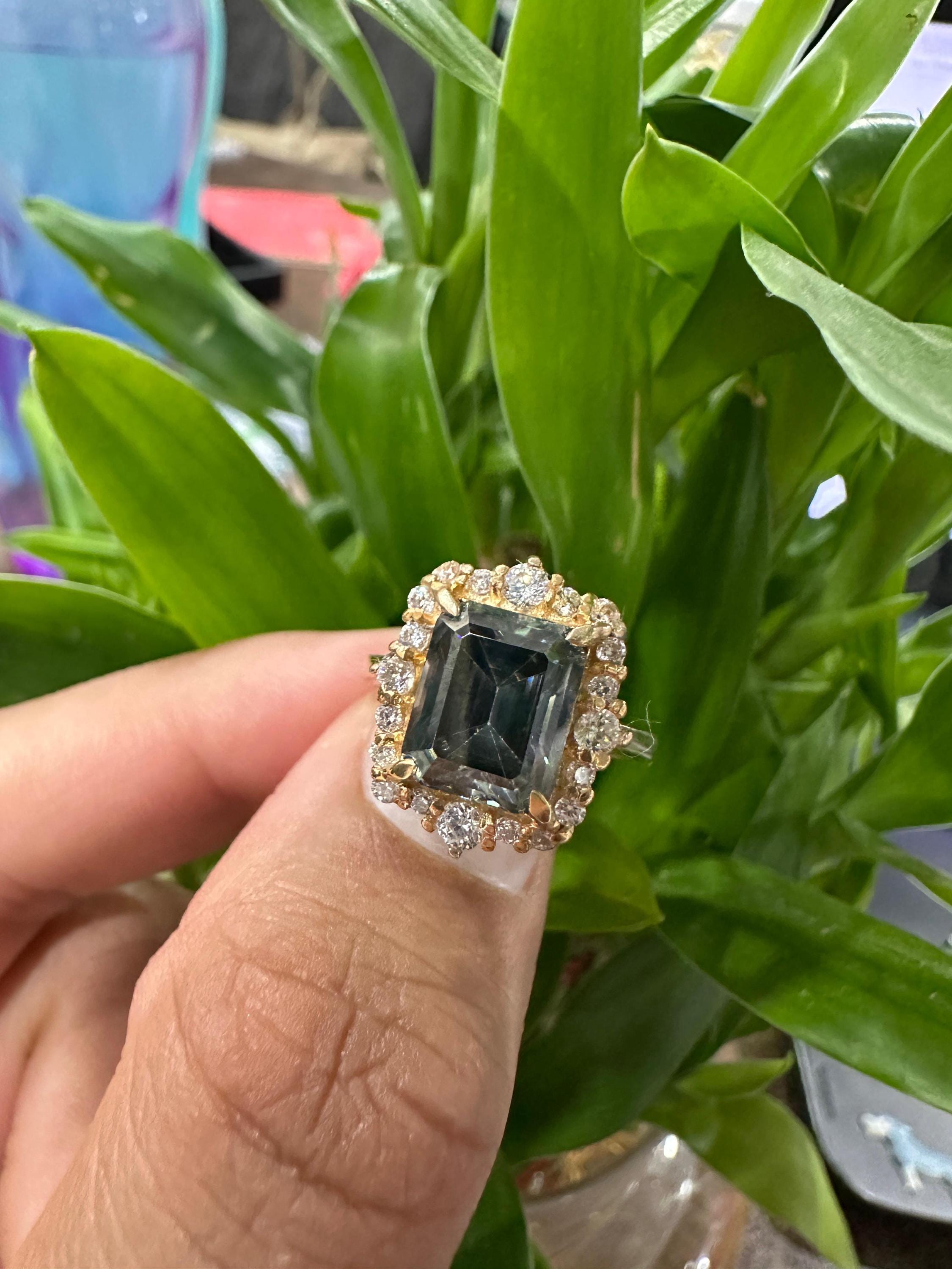 Color Changing Alexandrite Moissanite Engagement Ring | 4 Ct Emerald Cut Halo Gold Finish