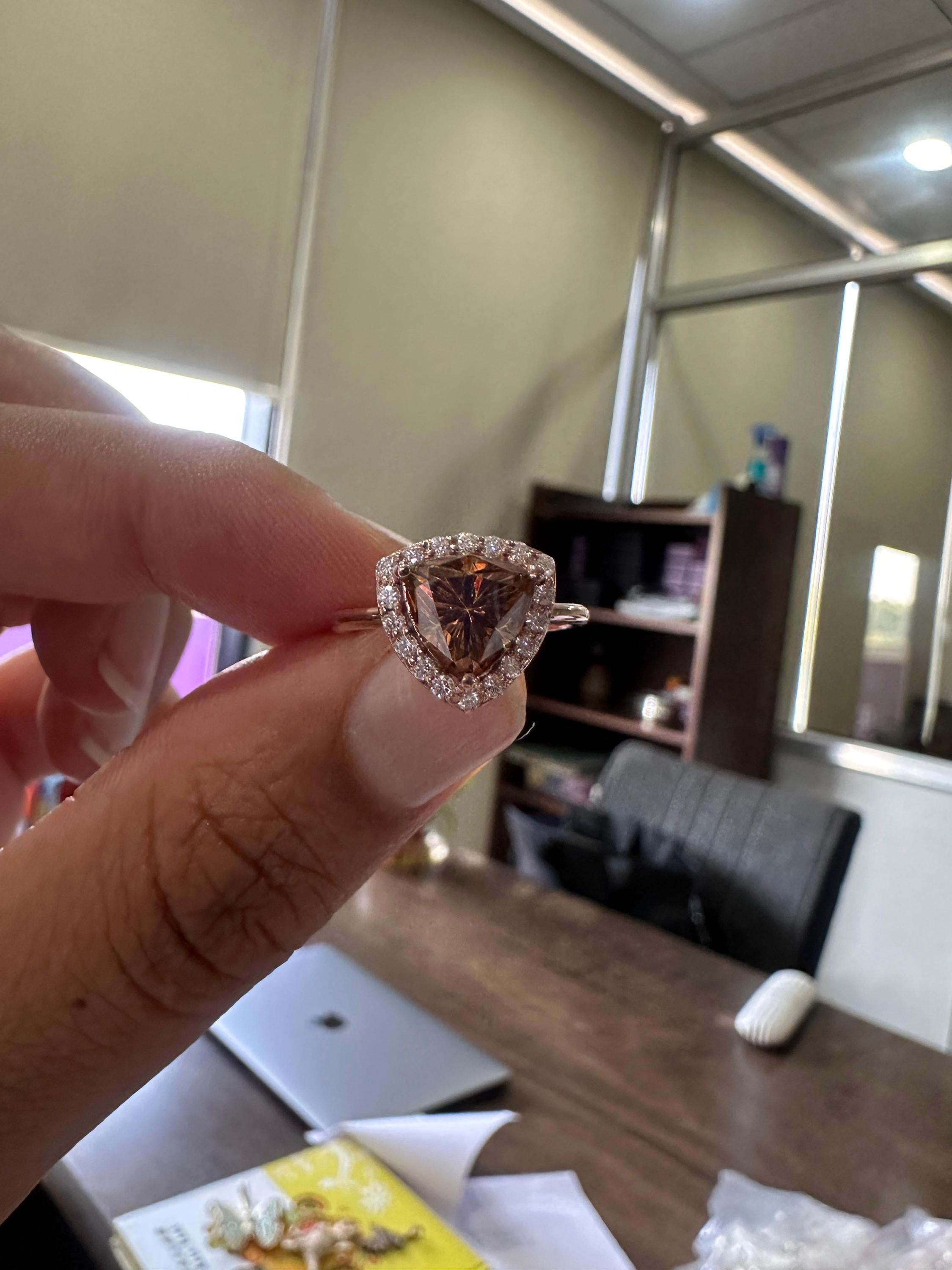 Champagne Trillion Shape Moissanite Halo Engagement Ring | 14k Rose Gold Finish