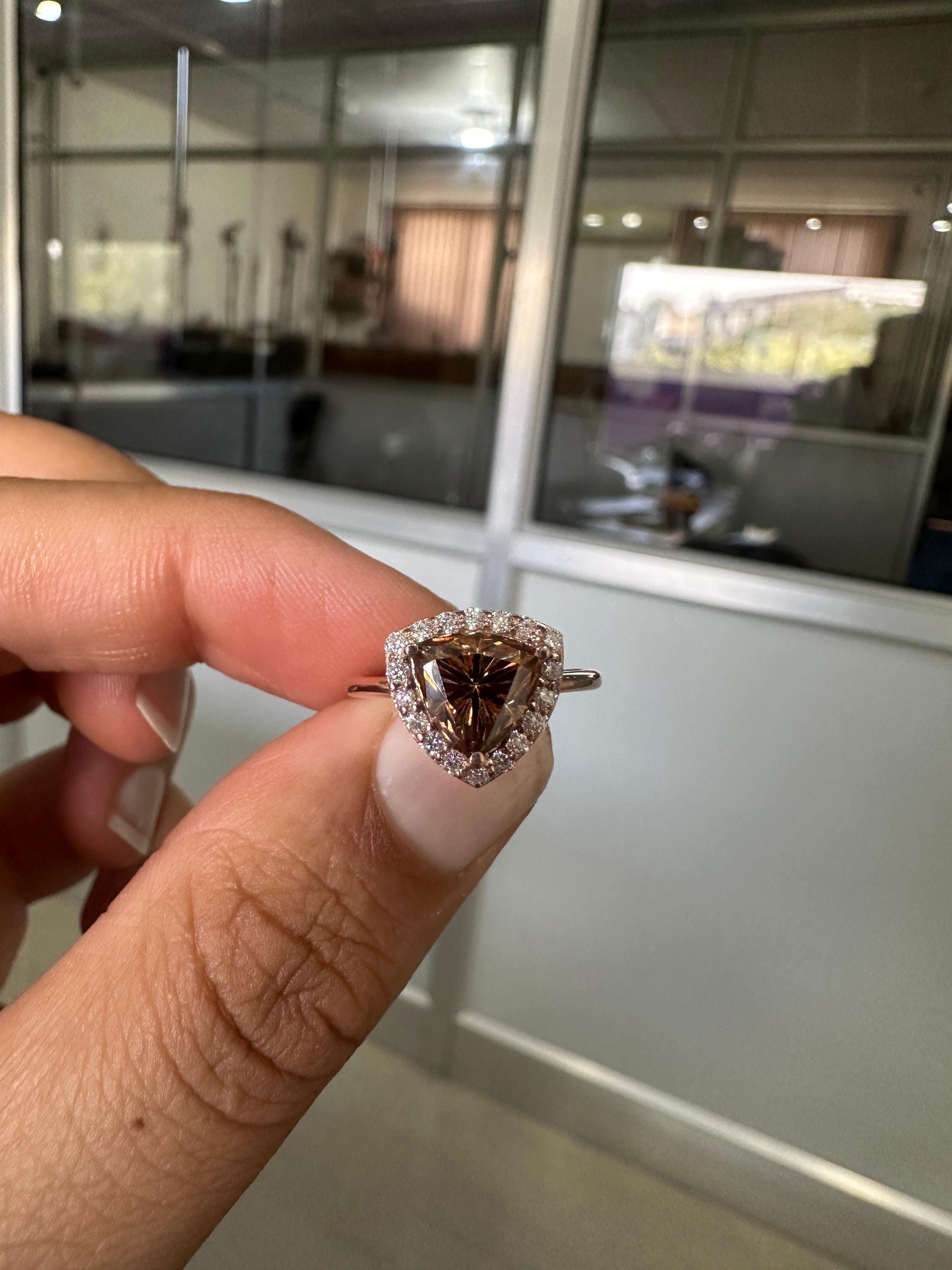 Champagne Trillion Shape Moissanite Halo Engagement Ring | 14k Rose Gold Finish