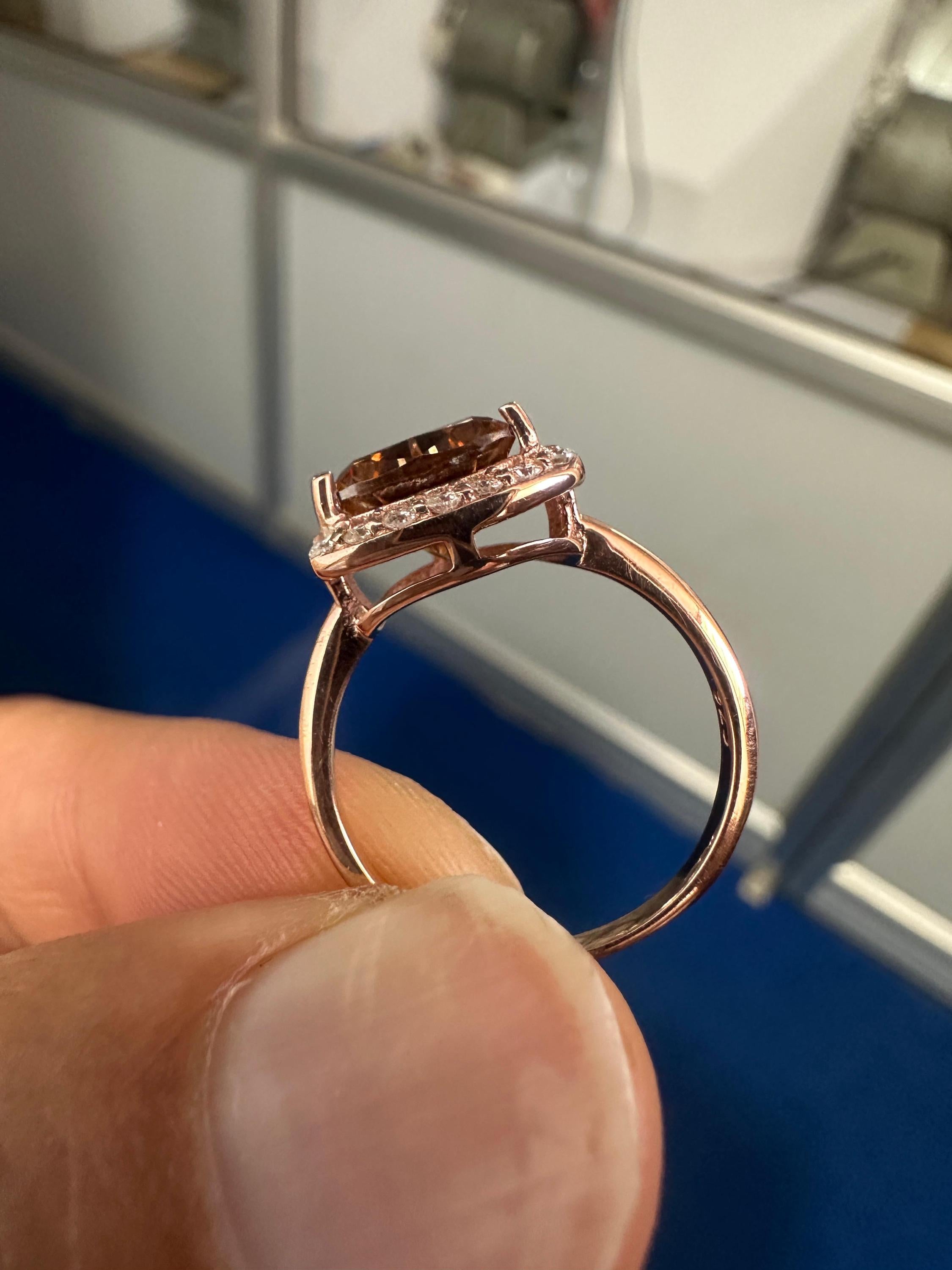 Champagne Trillion Shape Moissanite Halo Engagement Ring | 14k Rose Gold Finish