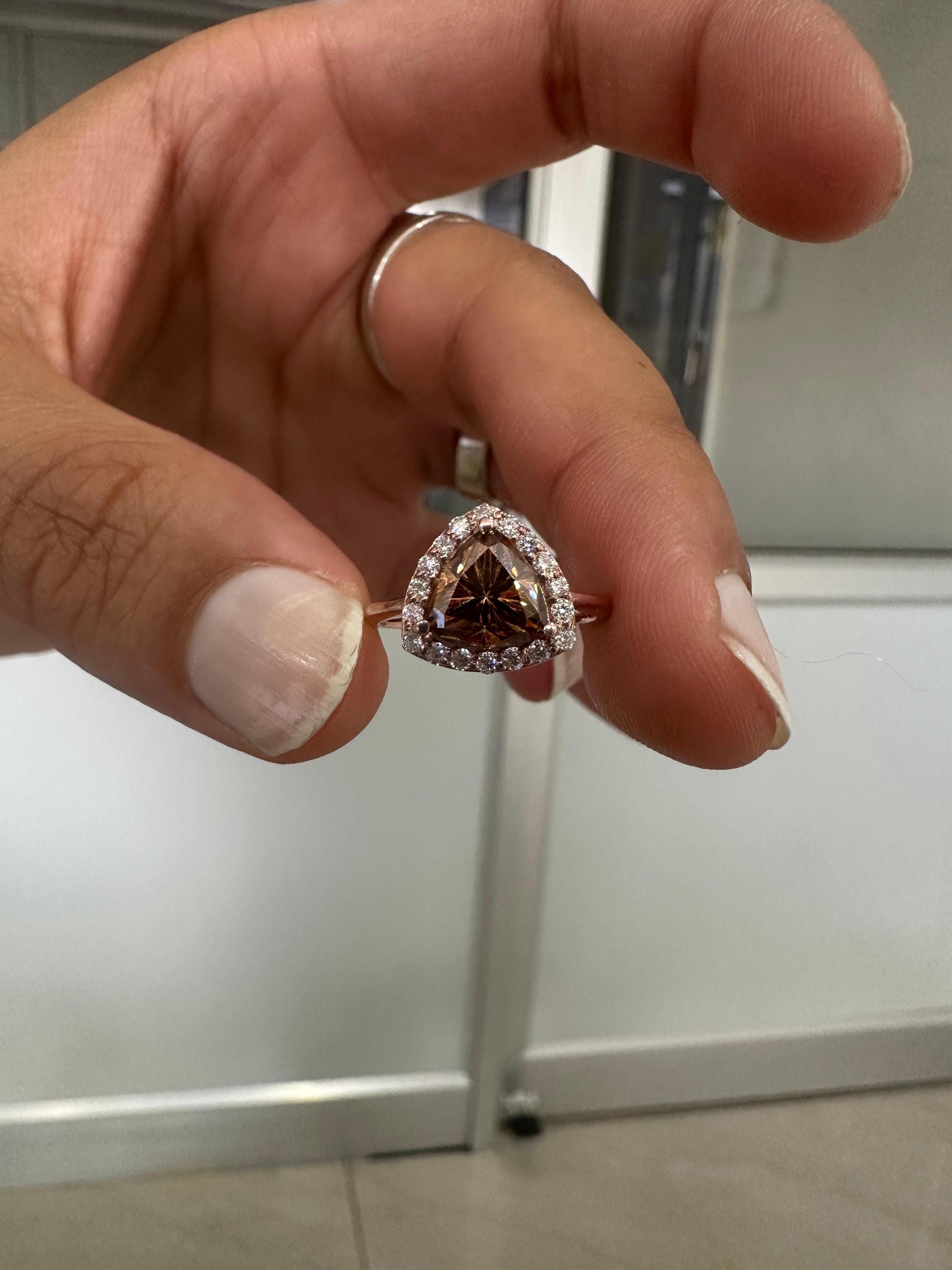 Champagne Trillion Shape Moissanite Halo Engagement Ring | 14k Rose Gold Finish