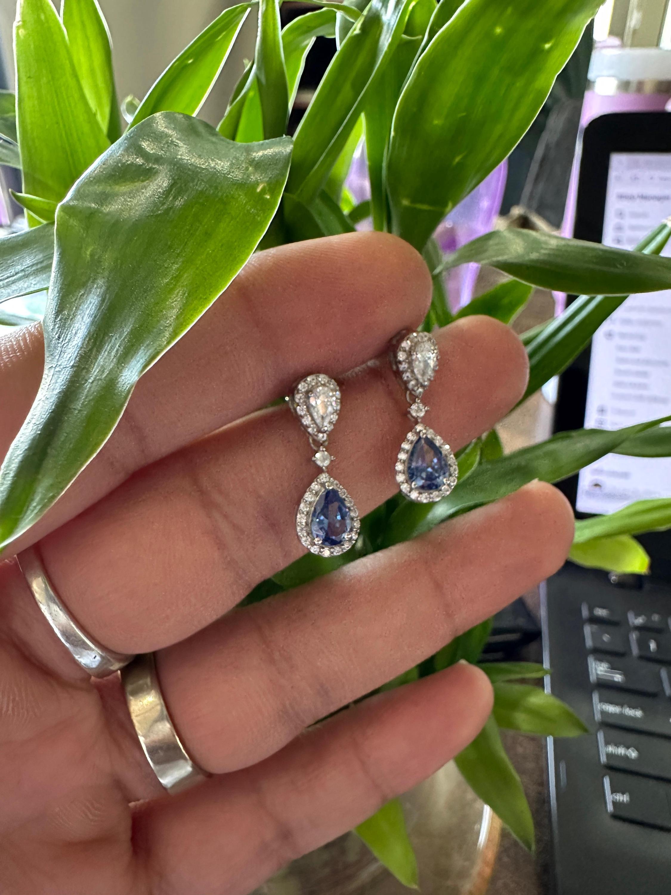 Pear Cut Natural Tanzanite Diamond Halo Stud Earrings for Women | 14k White Gold