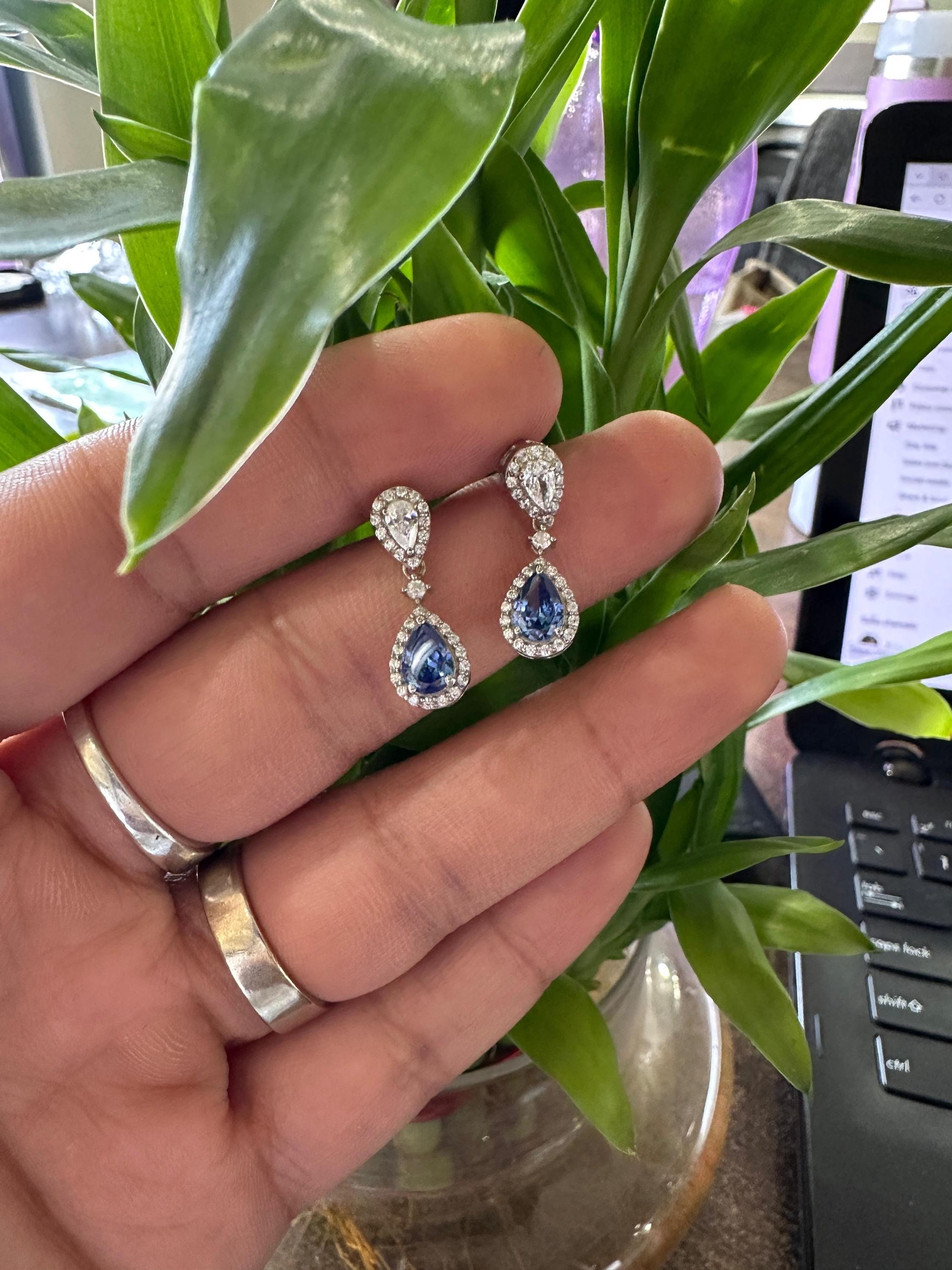 Pear Cut Natural Tanzanite Diamond Halo Stud Earrings for Women | 14k White Gold