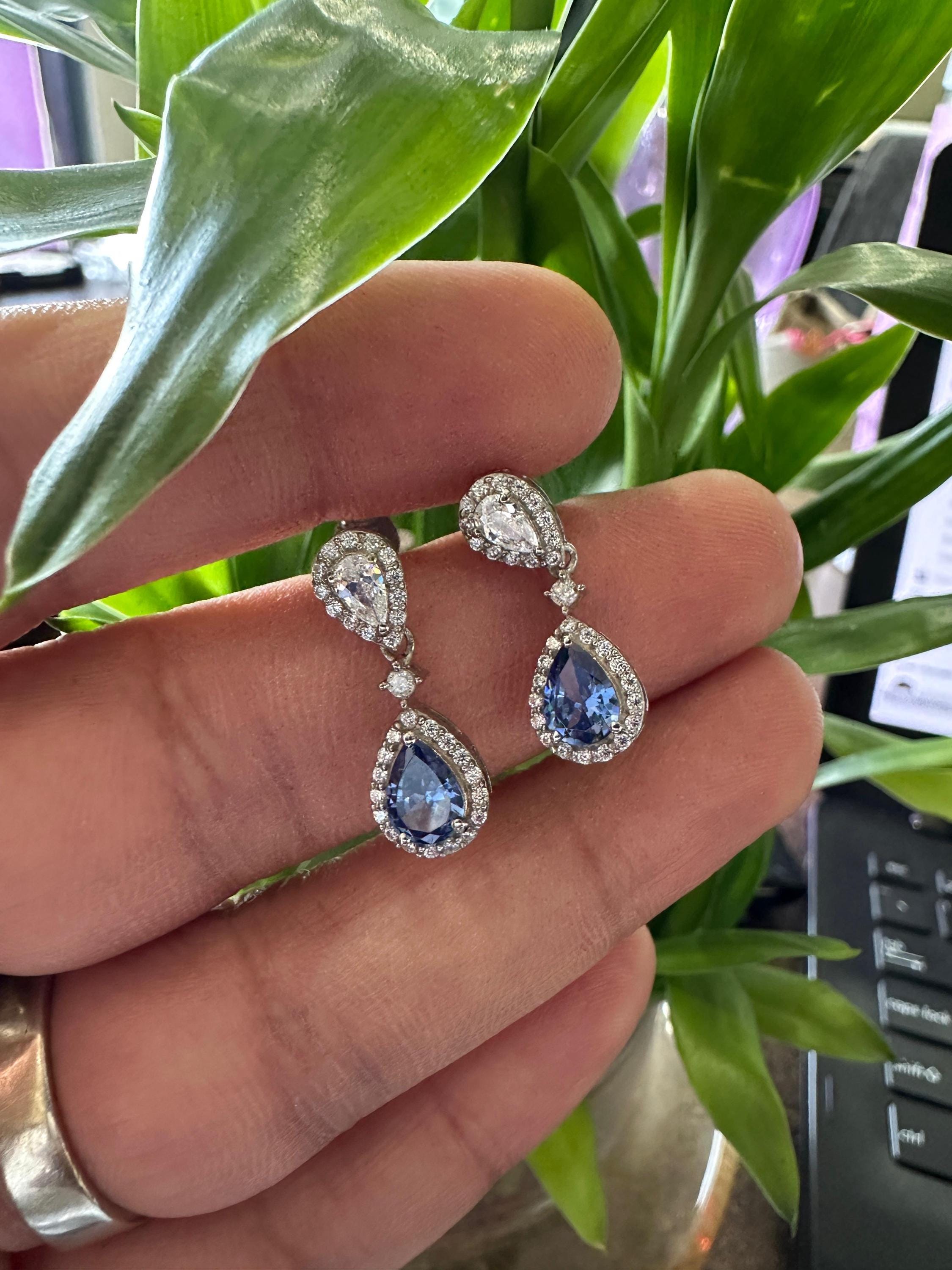 Pear Cut Natural Tanzanite Diamond Halo Stud Earrings for Women | 14k White Gold