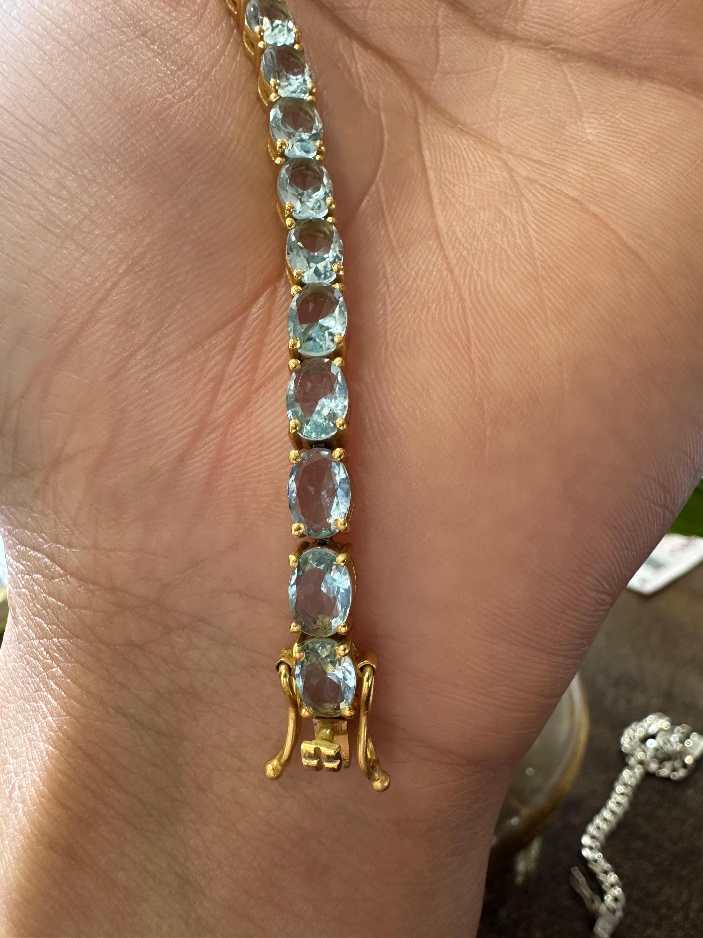 Natural Aquamarine Tennis Bracelet for gift | 14k Yellow gold vermeil plated, March Birthstone jewelry