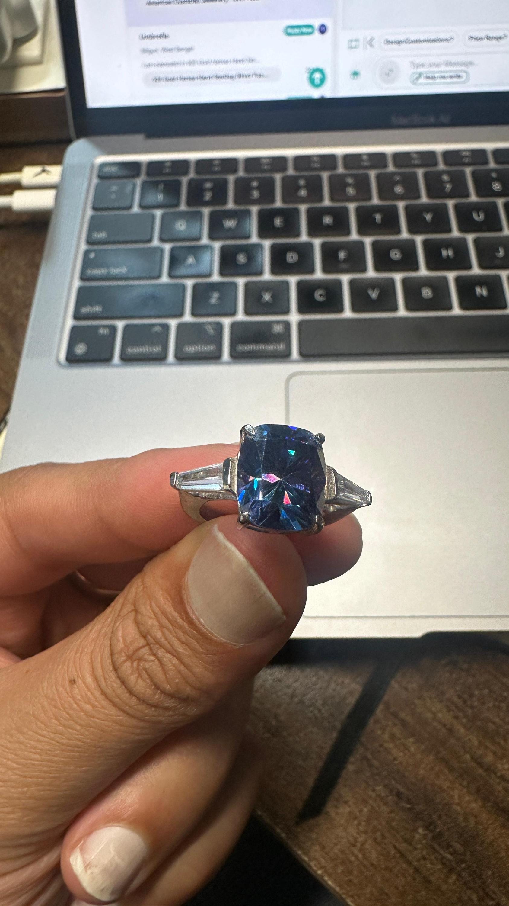 4 CT Blue Moissanite Engagement Ring | 925 Sterling Silver Three Stone Ring