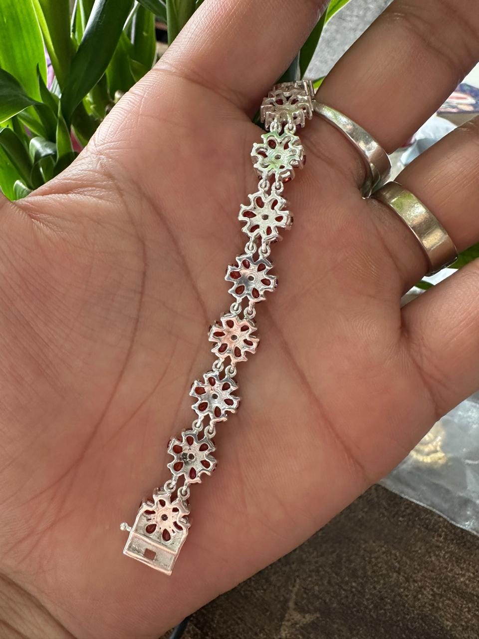 Customized Garnet Flower Bracelet | Pear Cut Red Gemstone, 925 Sterling Silver