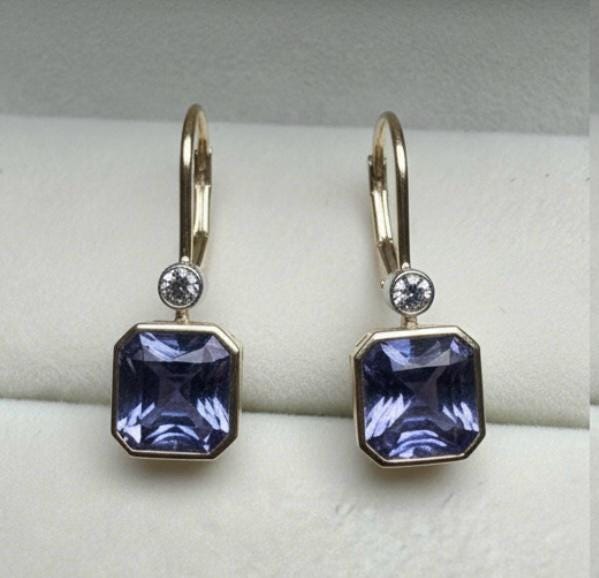 14K Gold Tanzanite Diamond Lever Back Earrings, Rare Blue Gemstone Earrings
