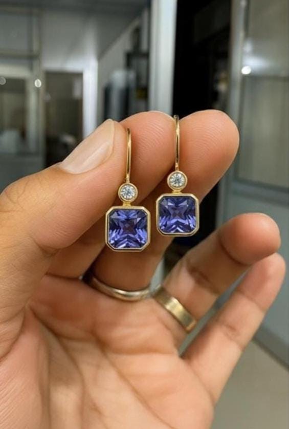 14K Gold Tanzanite Diamond Lever Back Earrings, Rare Blue Gemstone Earrings
