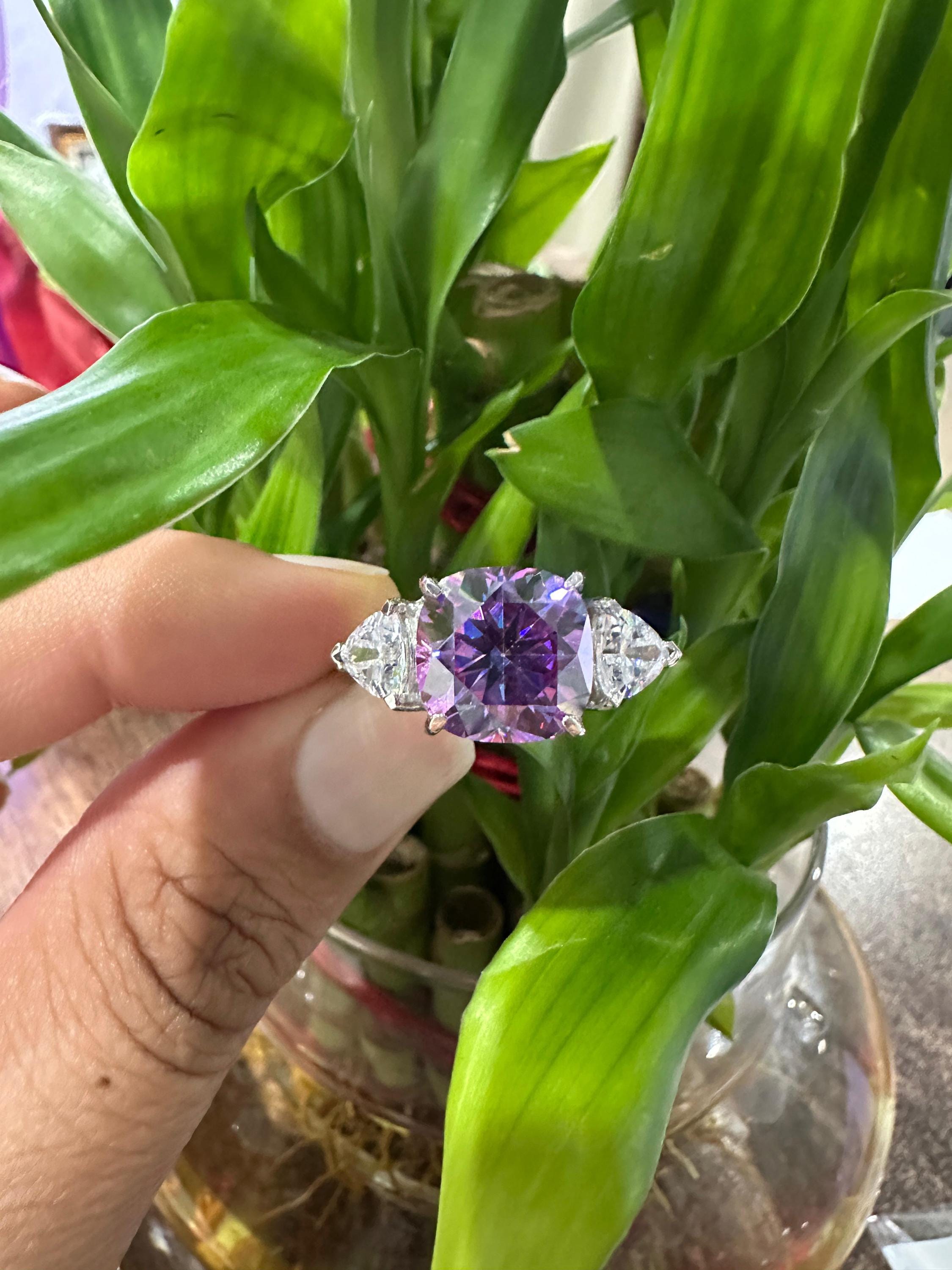 14k Gold Purple Moissanite Engagement Ring | 7 Ct Cushion Cut Statement Wedding Ring