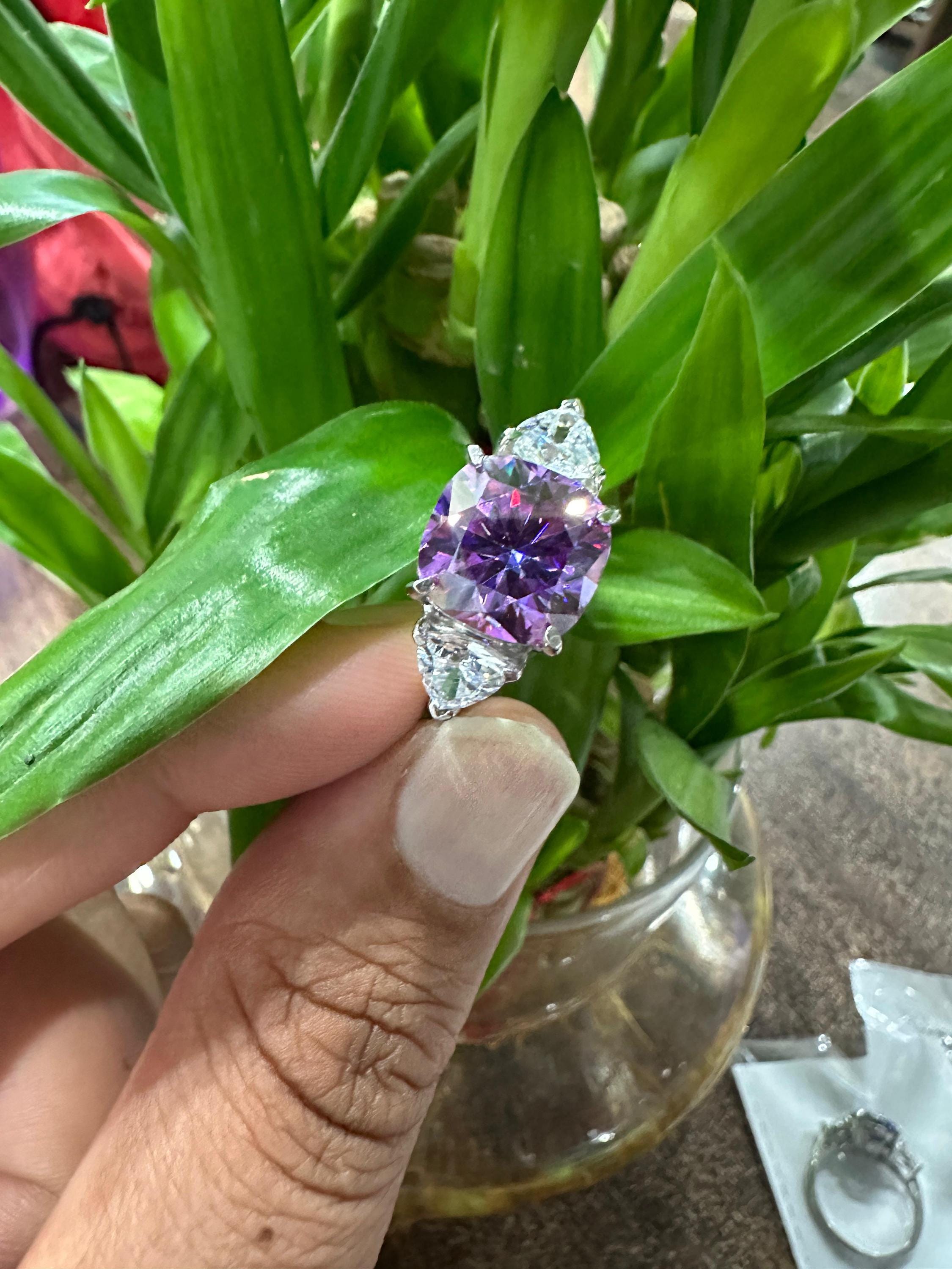14k Gold Purple Moissanite Engagement Ring | 7 Ct Cushion Cut Statement Wedding Ring