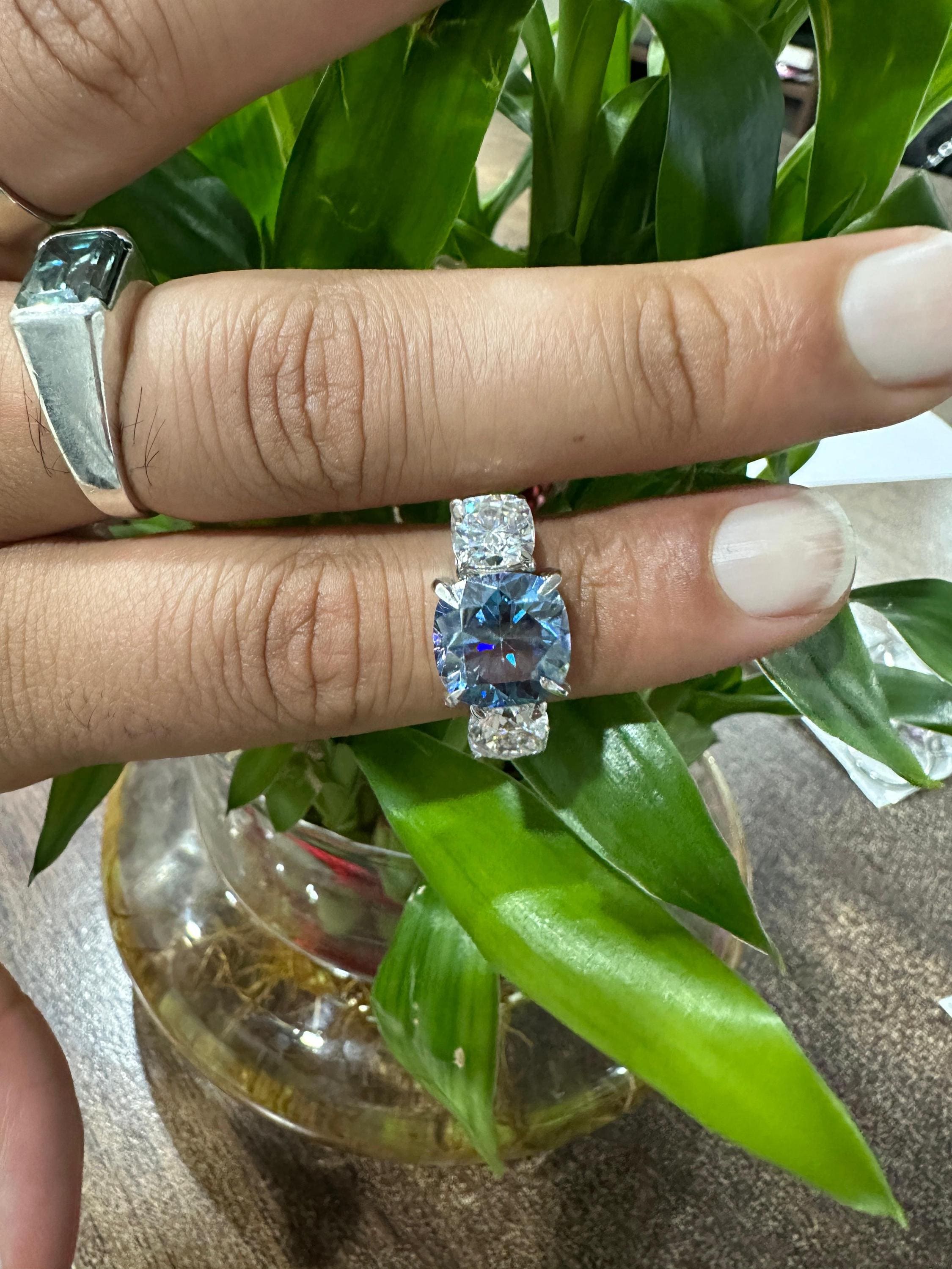 10 Ct Blue Cushion Moissanite Three-Stone Engagement Ring | 14k Gold | Modern Wedding Ring