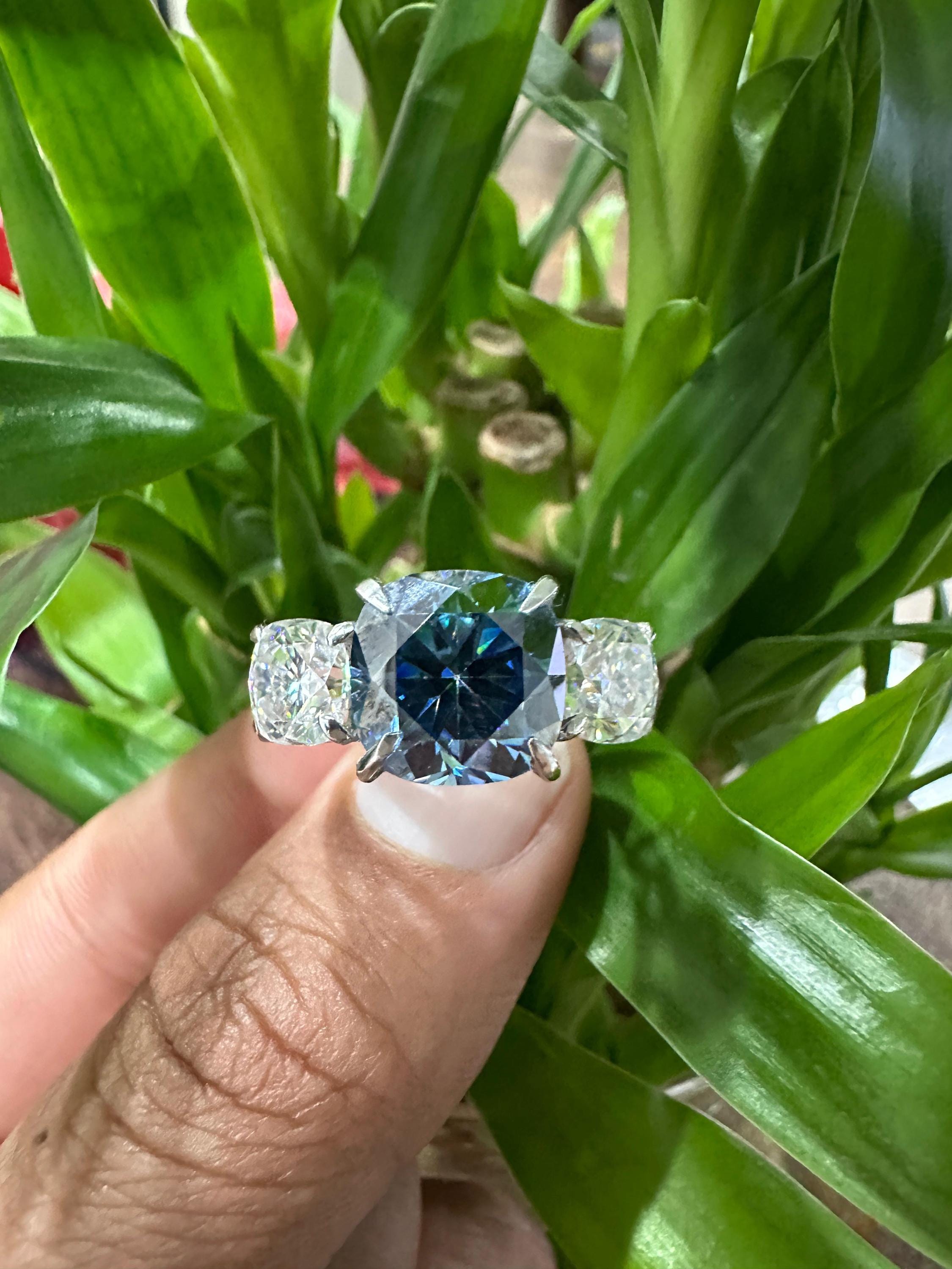 Blue Cushion Cut Moissanite Engagement Ring | 14K White Gold Three Stone Proposal Ring