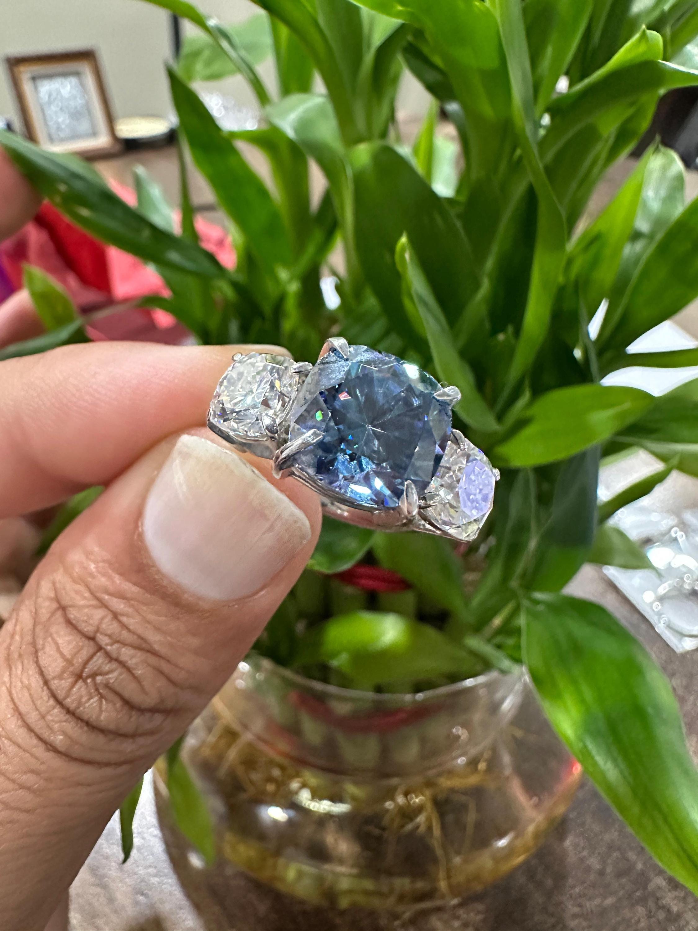 10 Ct Blue Cushion Moissanite Three-Stone Engagement Ring | 14k Gold | Modern Wedding Ring