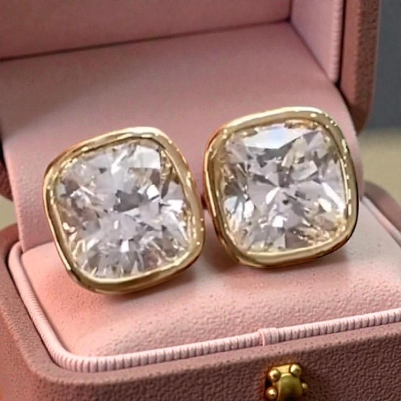 14k Gold Cushion Moissanite Stud Earrings | Bezel Set, Birthday Gift for her