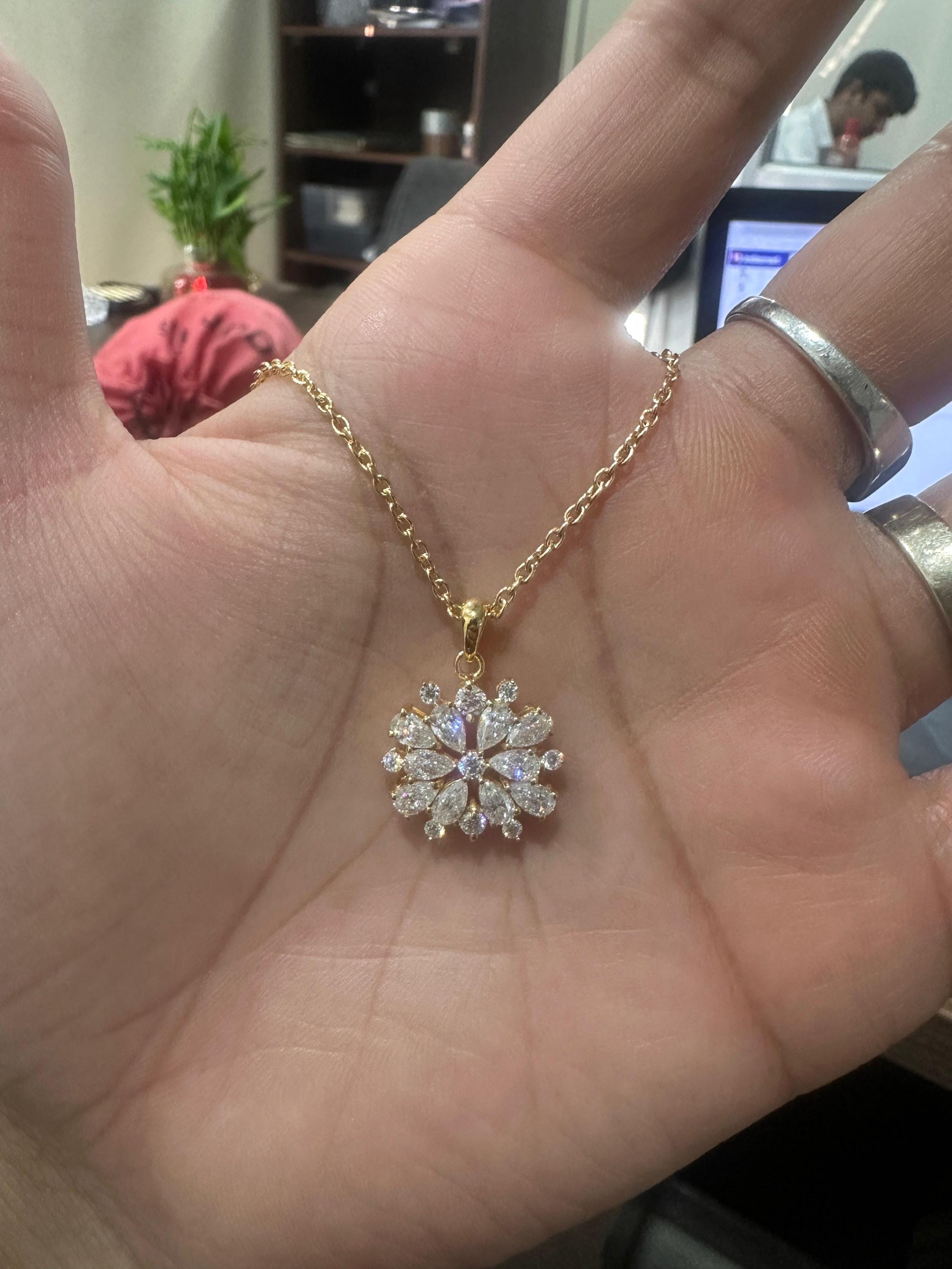 Snowflake Moissanite Pendant Necklace | Gold Vermeil over 925 Sterling Silver | Bridesmaid Gift