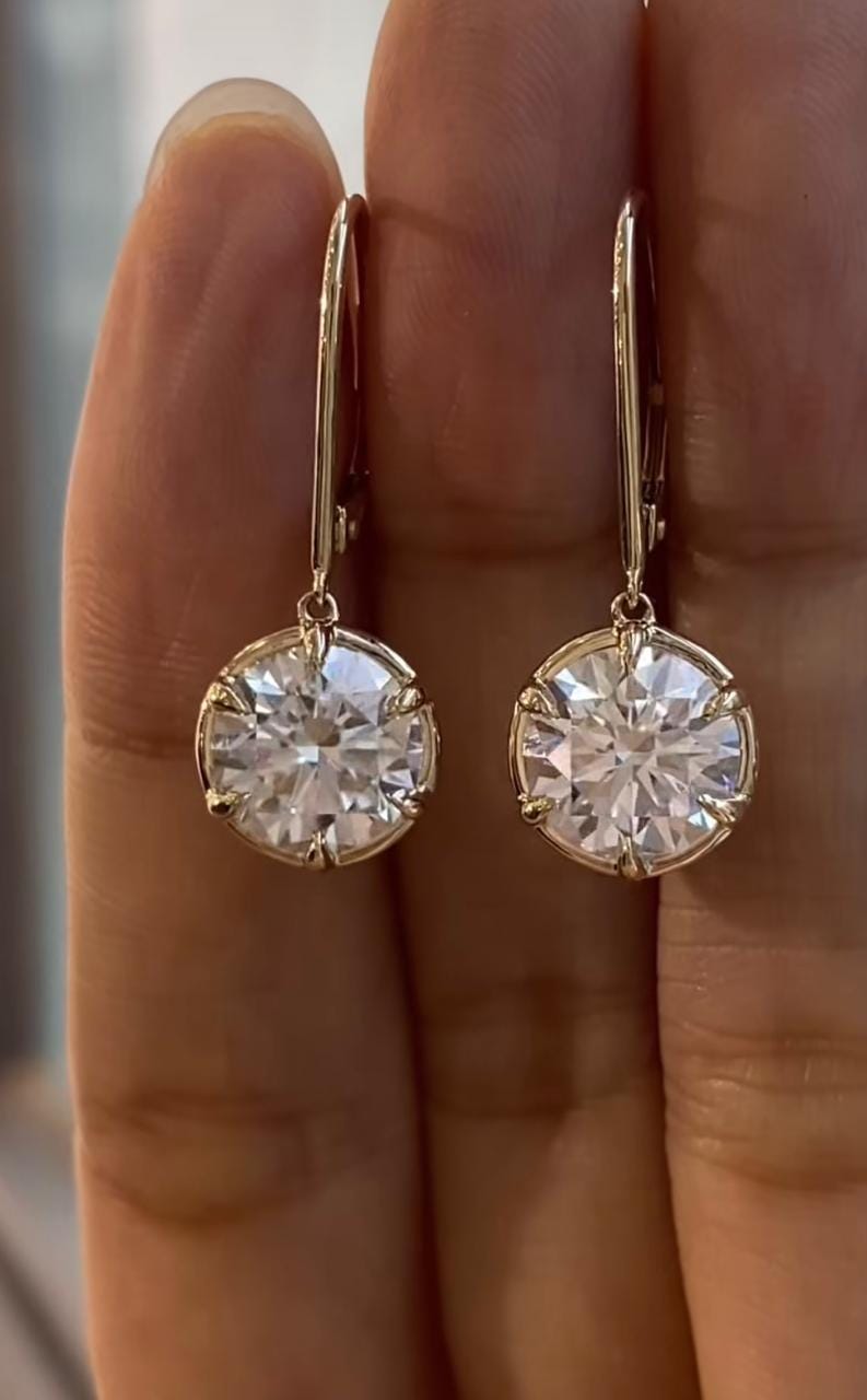 14k Gold Moissanite Drop Earrings | Round Brilliant Cut 2 Ct Dangle Jewelry