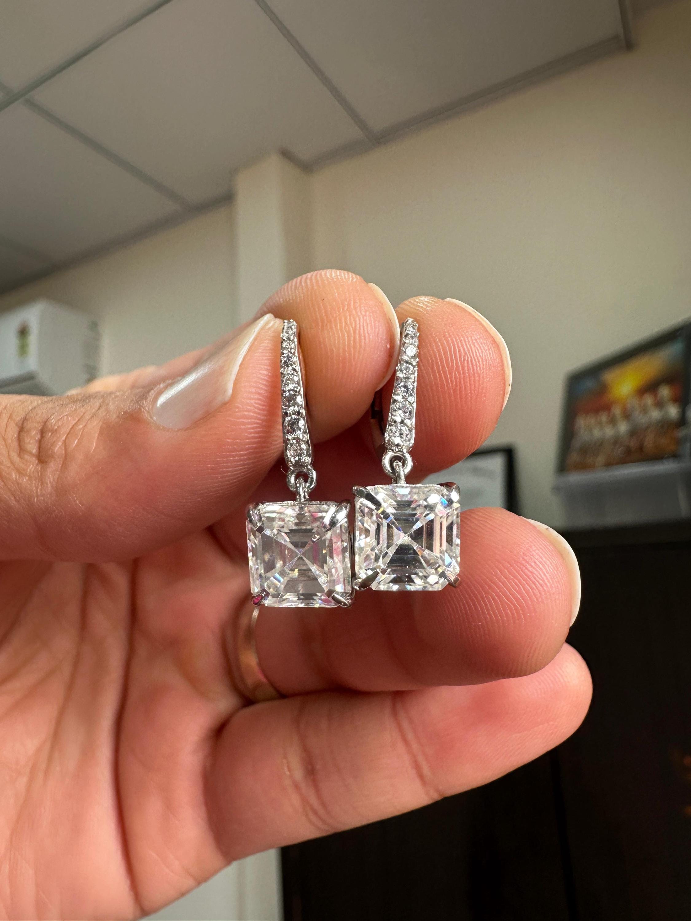 14k White Gold Asscher Moissanite Dangle Drop Earrings | Luxury Diamond Look Earrings