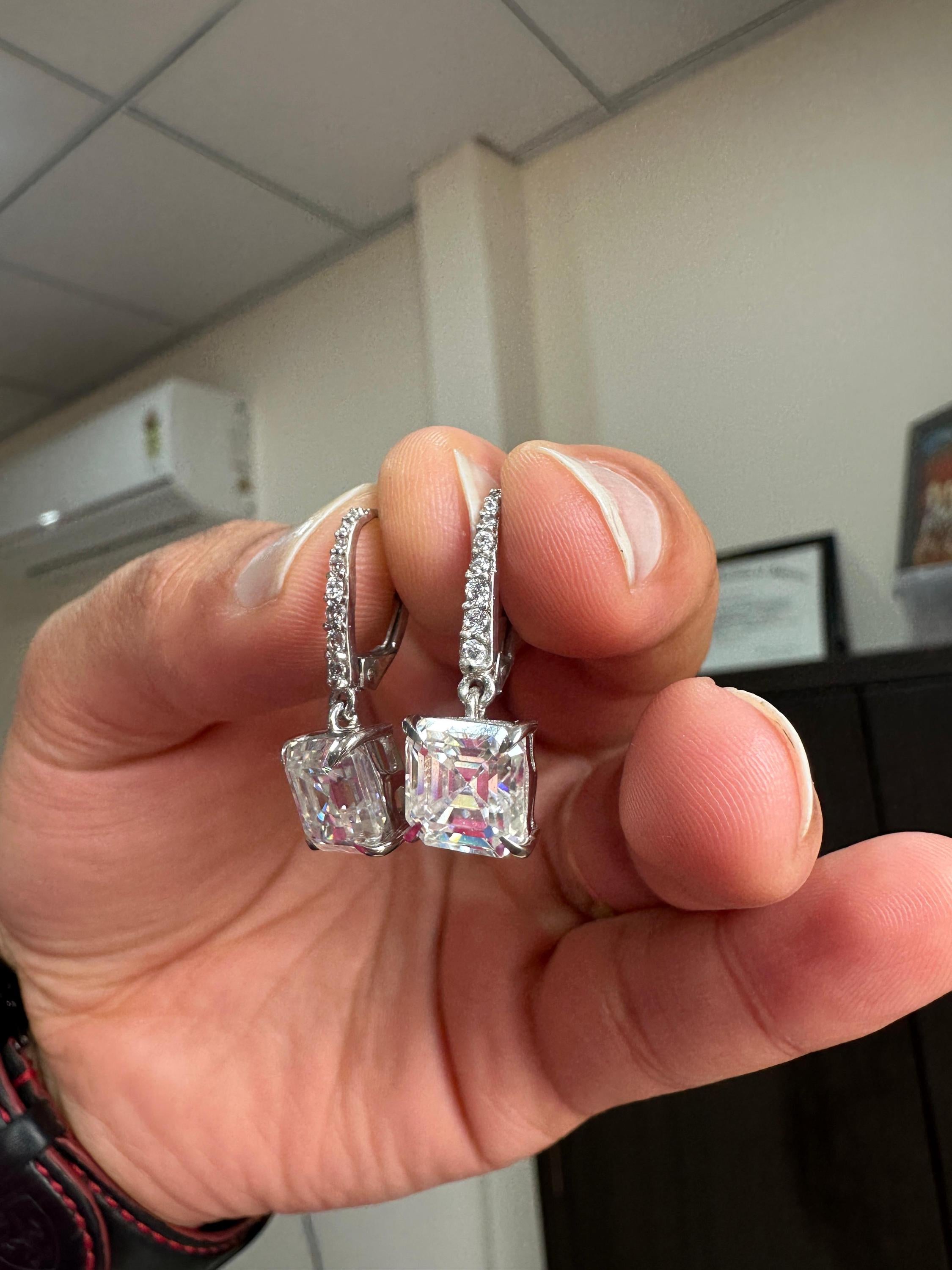 14k White Gold Asscher Moissanite Dangle Drop Earrings | Luxury Diamond Look Earrings