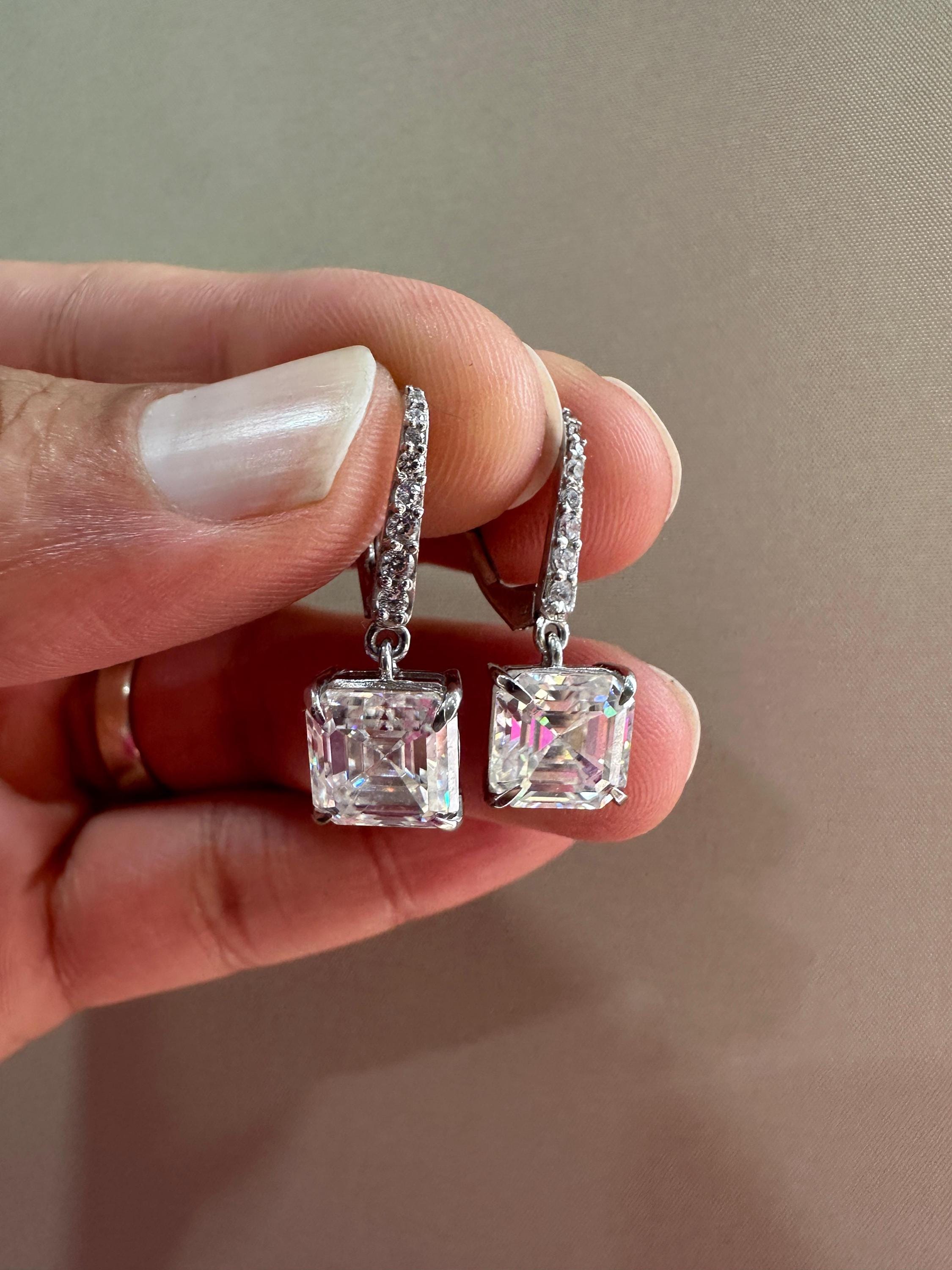 14k White Gold Asscher Moissanite Dangle Drop Earrings | Luxury Diamond Look Earrings