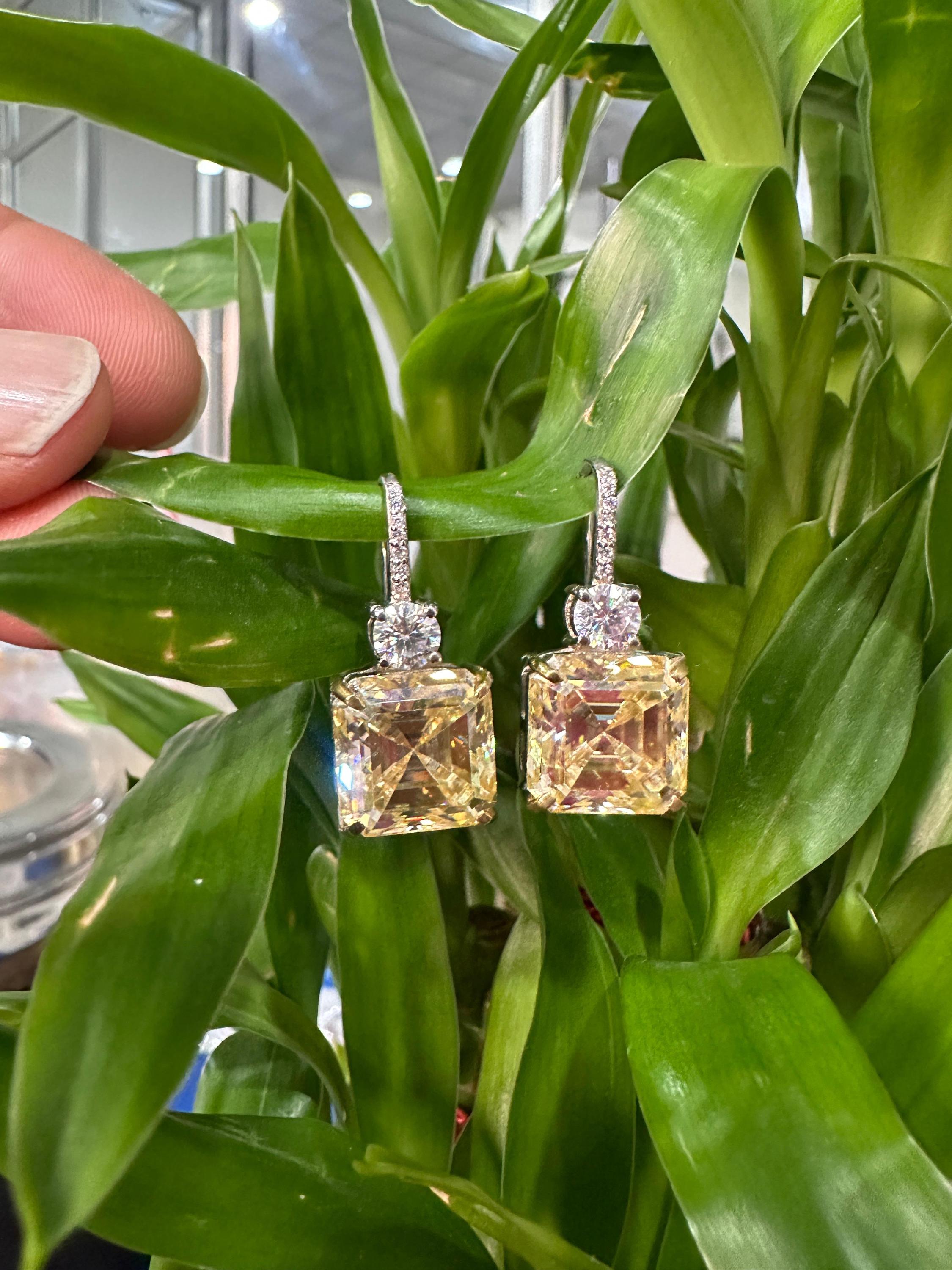 Yellow Moissanite Drop Earrings | Asscher Cut, Sterling Silver Earrings