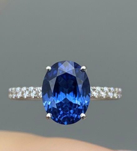 Oval Lab Sapphire Pavé Engagement Ring | 14k White Gold, 3 Ct Blue Promise Ring