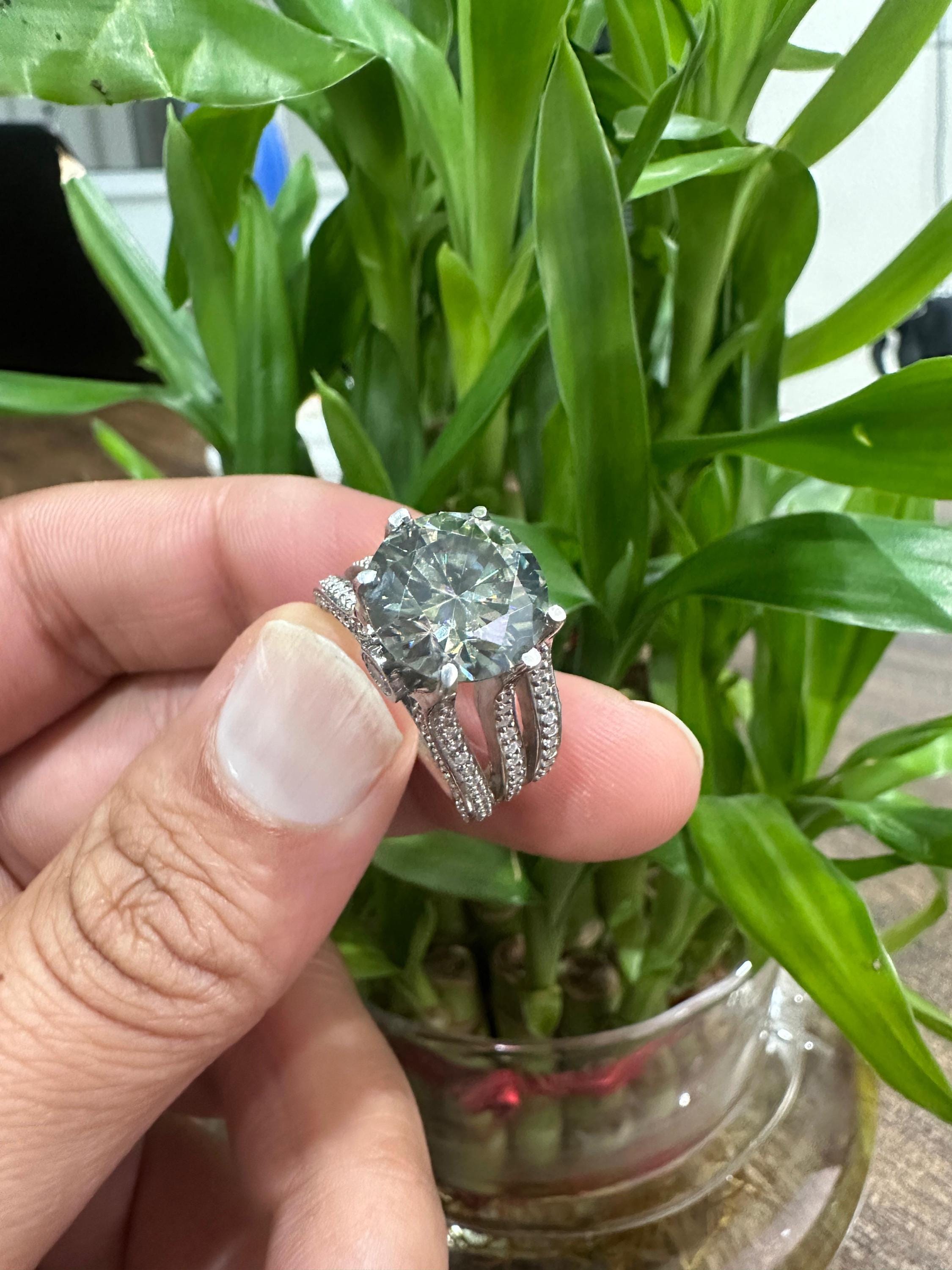 Green Moissanite Engagement Ring | 5 CT, Sterling Silver, Split Shank Finish