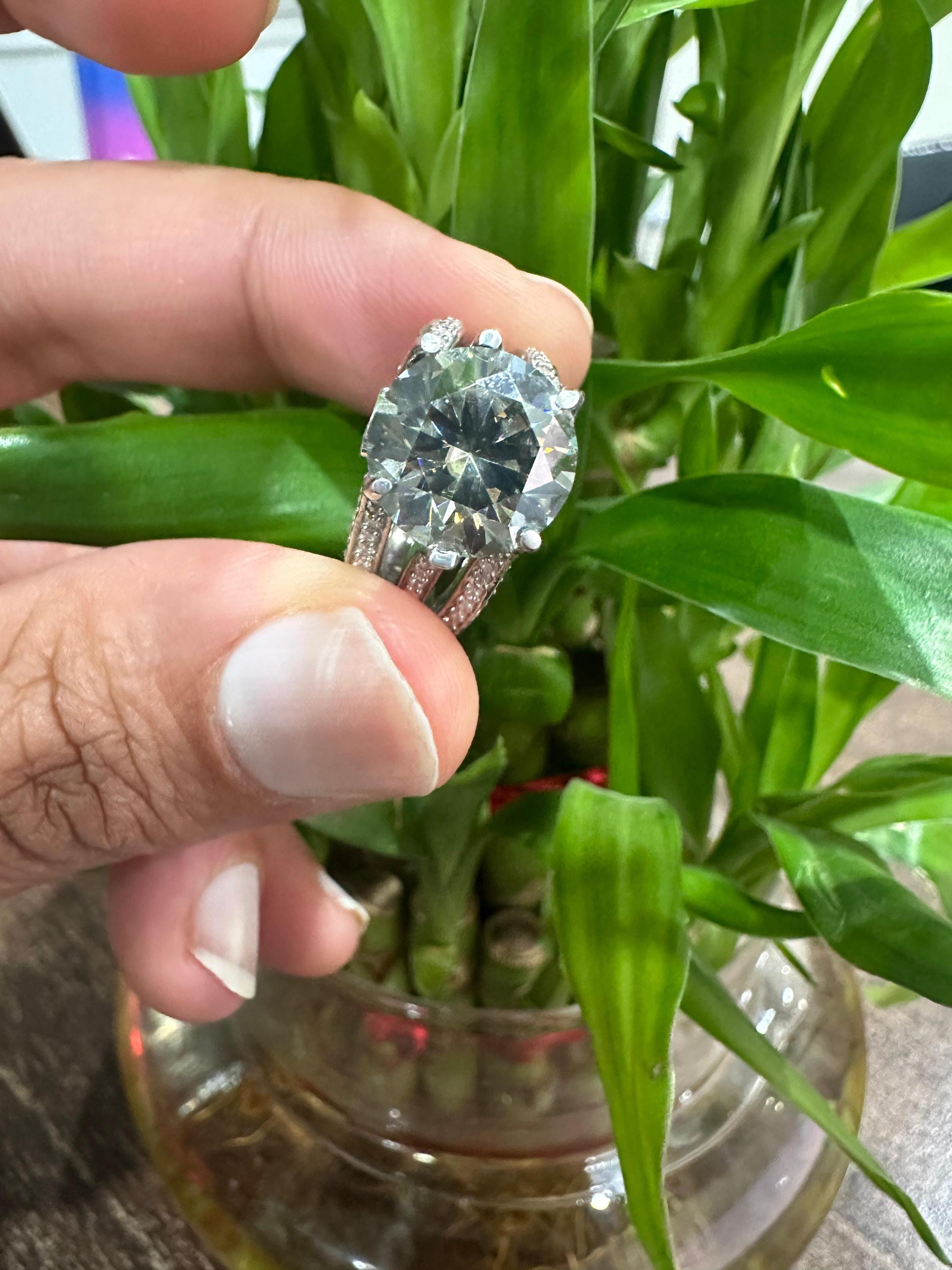 Green Moissanite Engagement Ring | 5 CT, Sterling Silver, Split Shank Finish