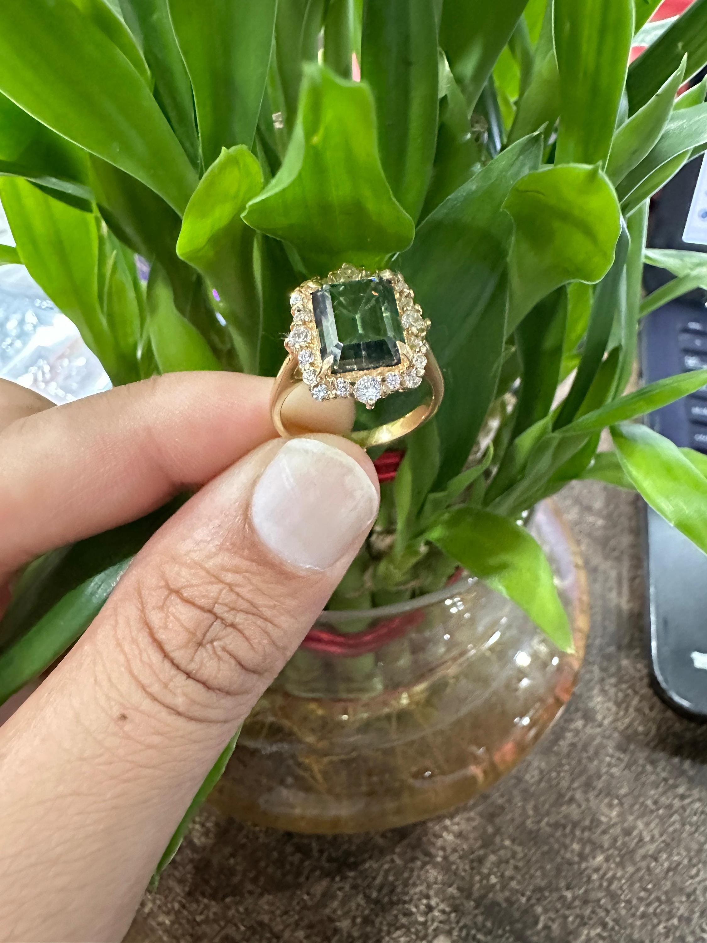 Color Changing Alexandrite Moissanite Engagement Ring | 4 Ct Emerald Cut Halo Gold Finish