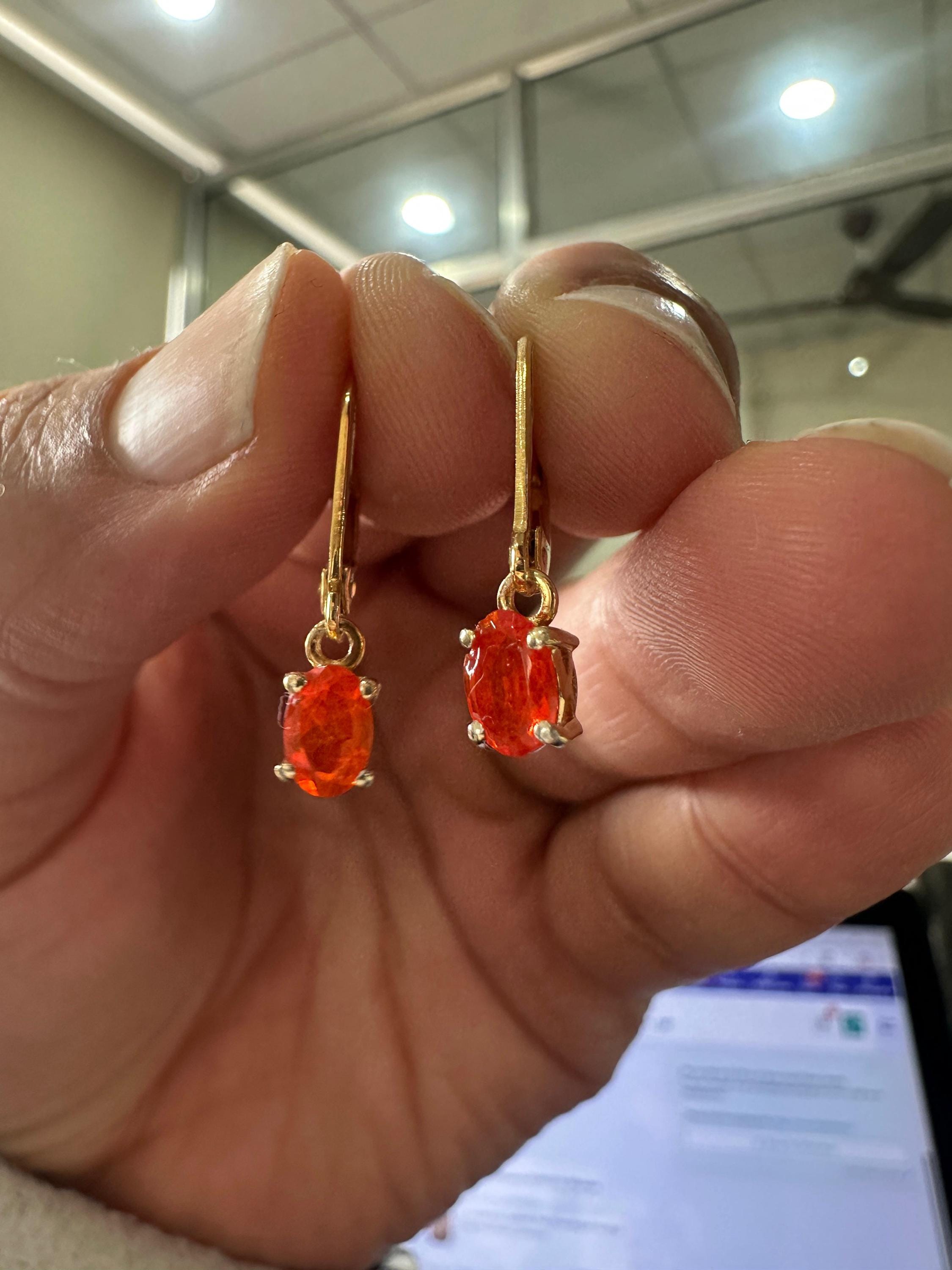 14K Gold Natural Fire Opal Drop Earrings, October Birthstone Lever Back Jewelry