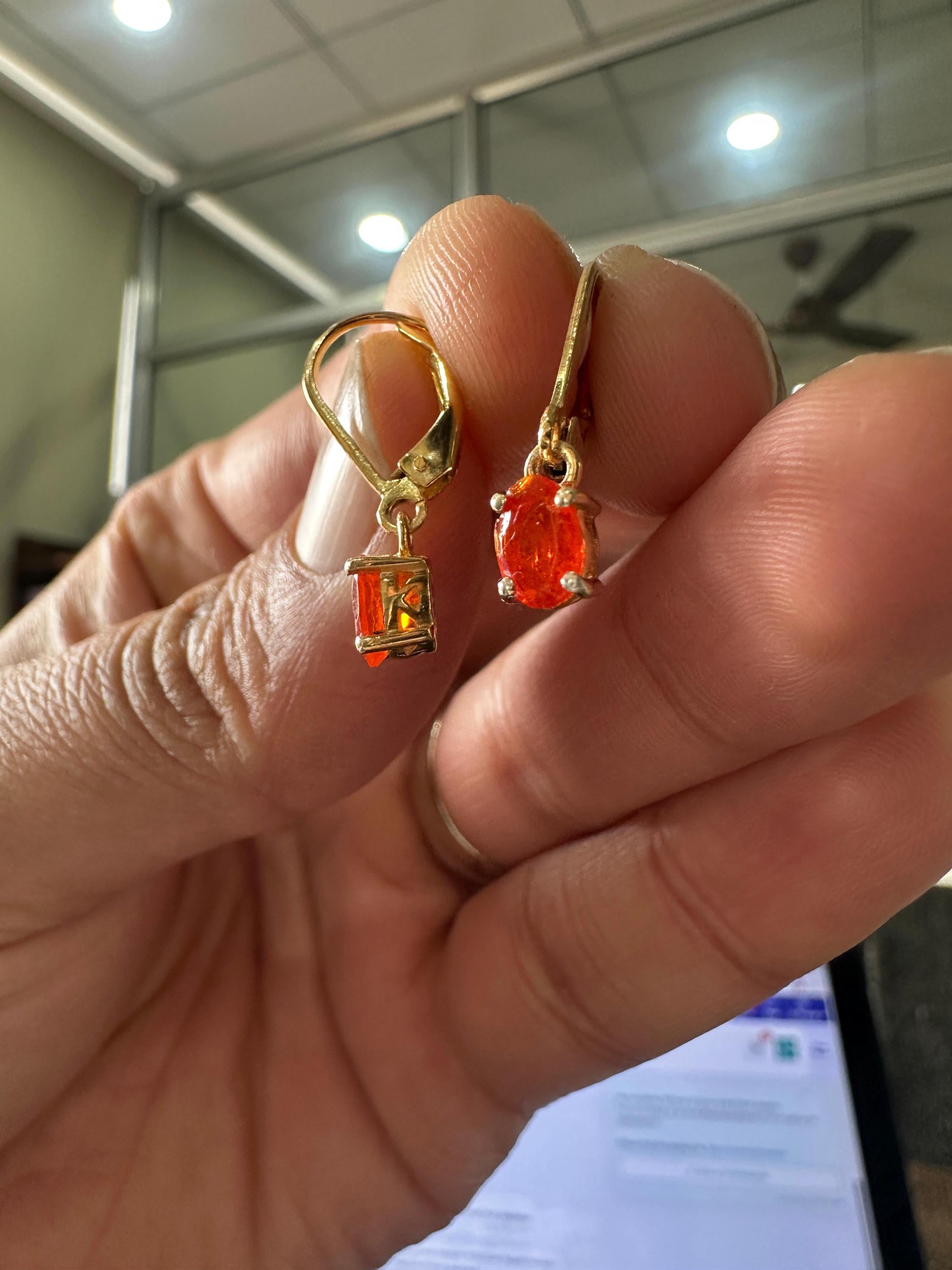 14K Gold Natural Fire Opal Drop Earrings, October Birthstone Lever Back Jewelry